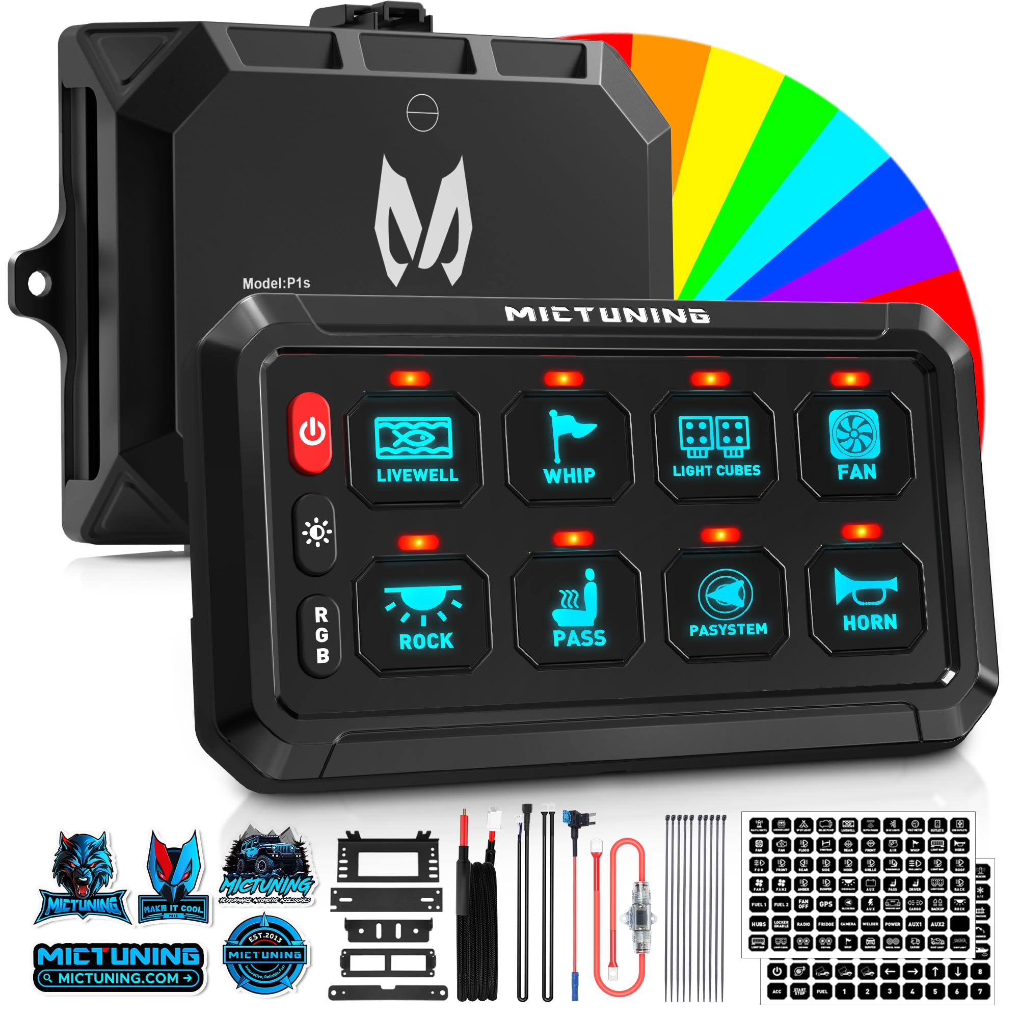MICTUNING Upgraded P1s-X RGB 5 Inch 8 Gang Switch Panel - Multifunction Toggle Momentary Strobe Pulsed Switch Pod with 5-Level Brightness Control | Circuit Relay System Box for Truck, RV, Offroad Vehicles | Perfect for Custom Lighting & Accessory Control in Automotive Applications
