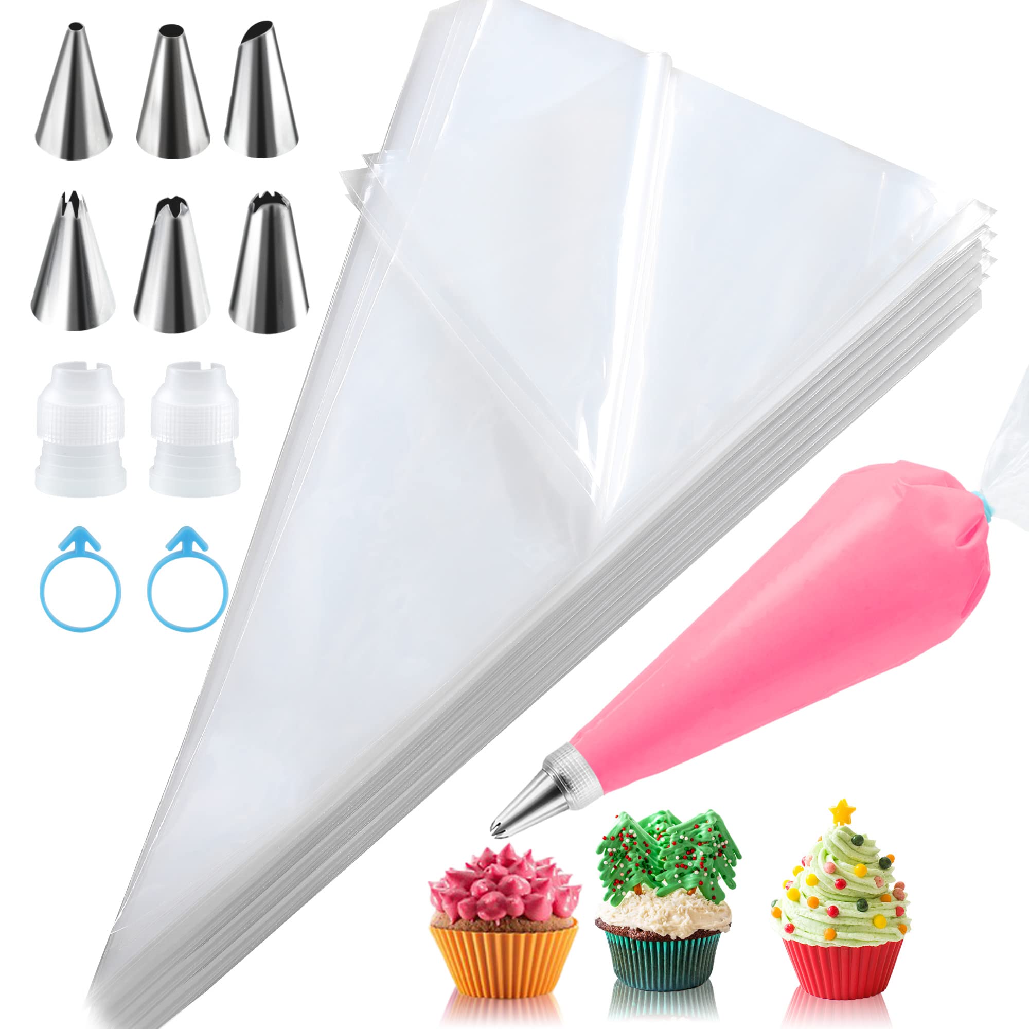 Firstake 100-Pack 16 Inch Disposable Piping Bags & Tips Set - Thickened Plastic Icing Bags for Cake Decorating, Cookies, Cupcakes, Deviled Eggs - Professional Baking Supplies for Home & Commercial Use