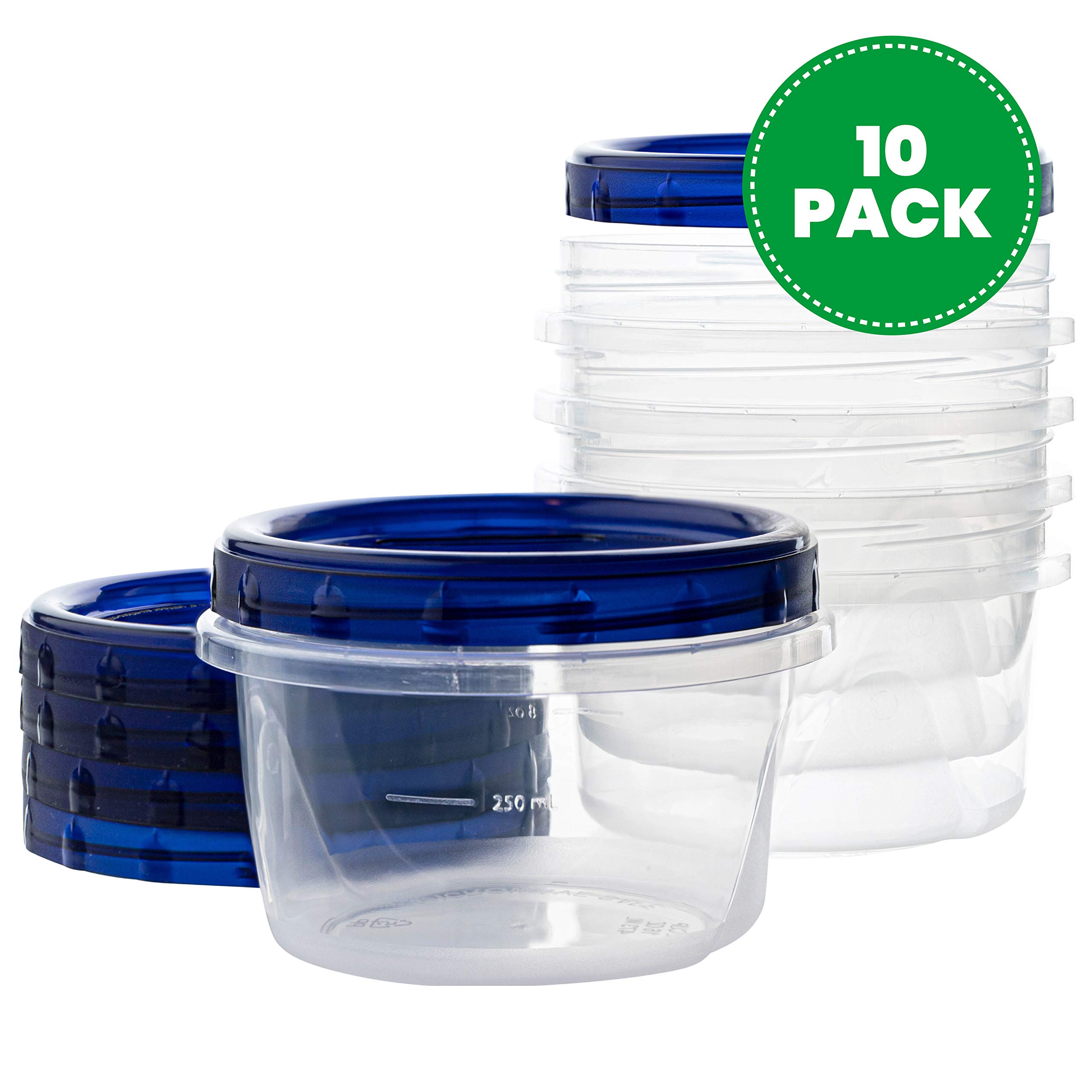 PLASTICPRO 16 oz Deli Containers (10 Pack) - Clear Bottom with Blue Twist-On Lids, Reusable & Stackable Food Storage Containers for Meal Prep, Freezer Safe, Perfect for Restaurants, Catering & Home Use