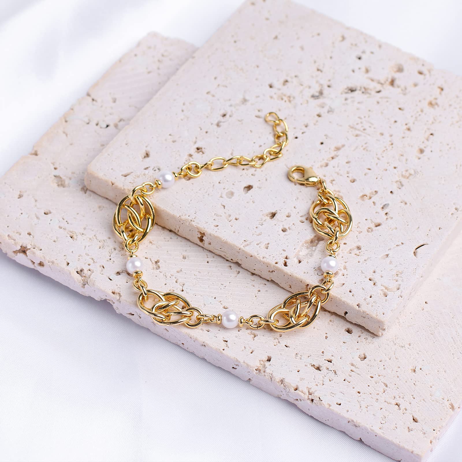 14K Gold Plated Pearl Bracelet for Women - Elegant Chain Link Pearl Bracelet, Dainty Gold Pearl Jewelry Gift for Her - Perfect for Weddings, Parties & Everyday Wear
