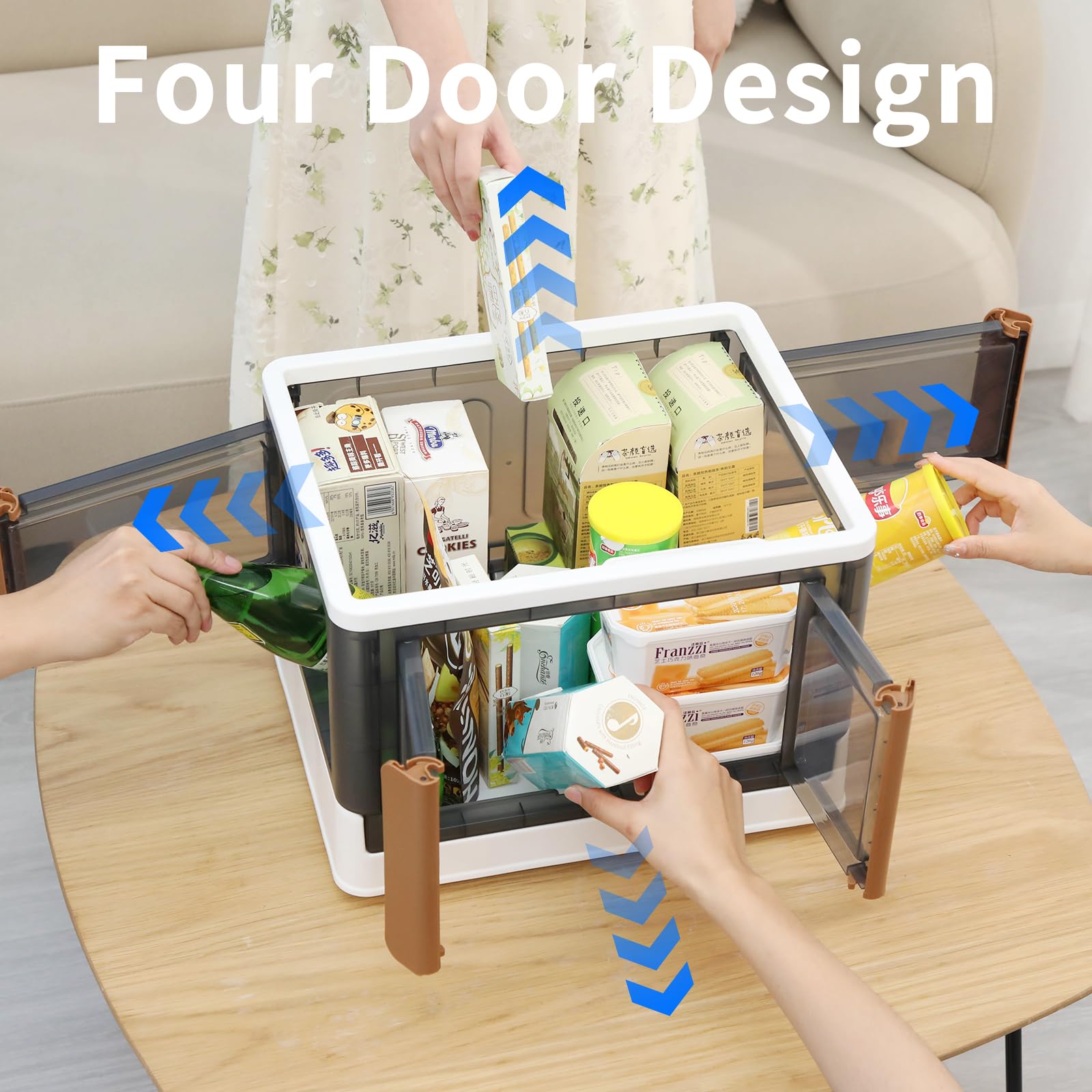 HAIXIN 6-Pack Folding Storage Bins with Left & Right Opening Doors - 6.86 Gal Stackable Plastic Shelves Organizer for Pantry, Bookcase & Room Organization | Space-Saving Cabinet for Home, Office & Closet Storage