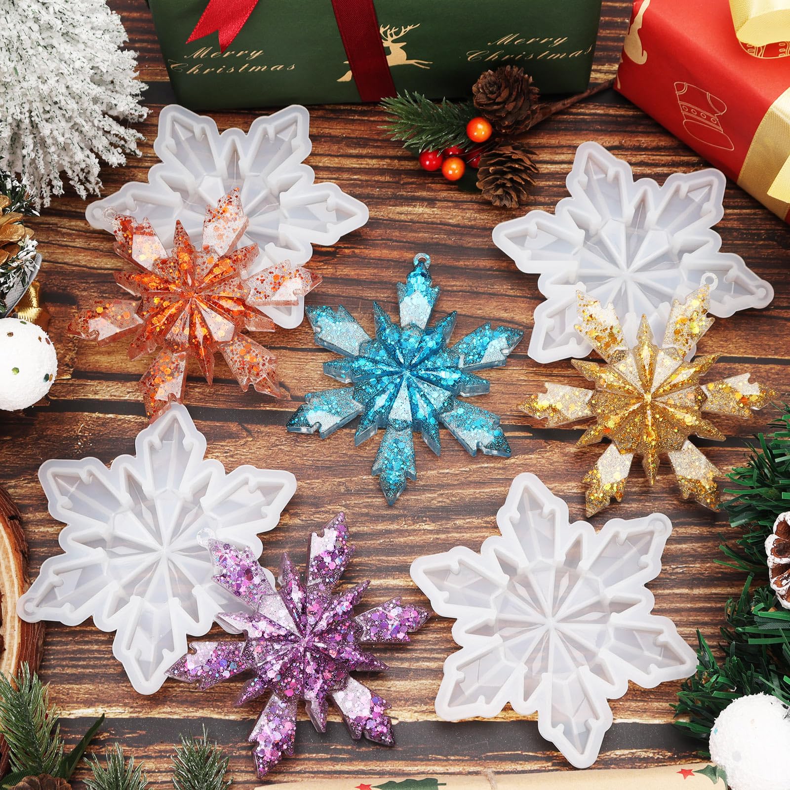 4 Pcs Christmas Snowflake Resin Molds - Silicone 3D Snowflake Molds for DIY Ornaments, Tree Pendants & Holiday Crafts | Perfect for Christmas Decorations, Gift Making & Festive DIY Projects