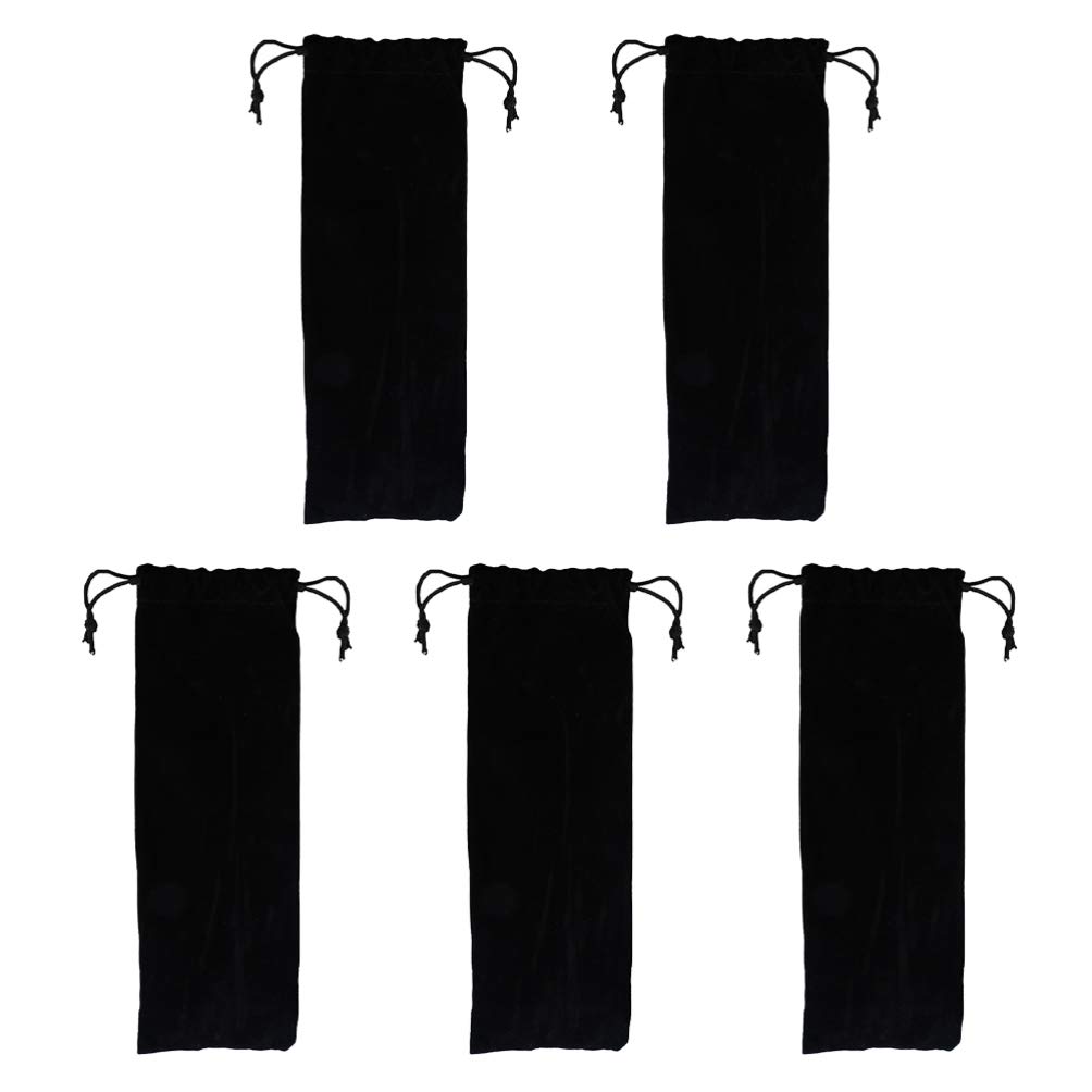 BESTonZON 5-Pack Stainless Steel Straws with Carrying Pouch - Reusable Flannel Storage Bag for Drinking Straws, Cutlery, Forks & Spoons (Black) - Perfect for Travel, Camping, Picnics & Daily Use