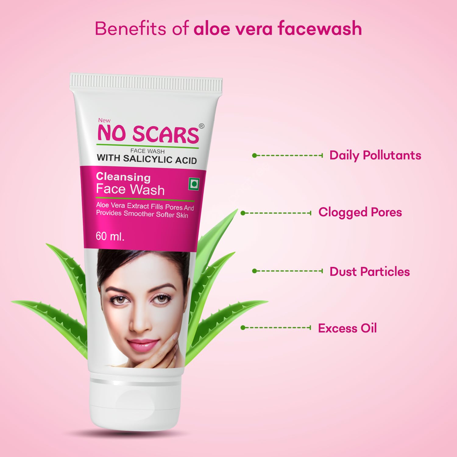 NO SCARS Aloe Vera Face Wash for Deep Cleansing & Acne Treatment - 60ml (Pack of 3) | Gentle Cleanser for Clear Skin, Men & Women | Daily Skincare Routine, Morning & Night Use