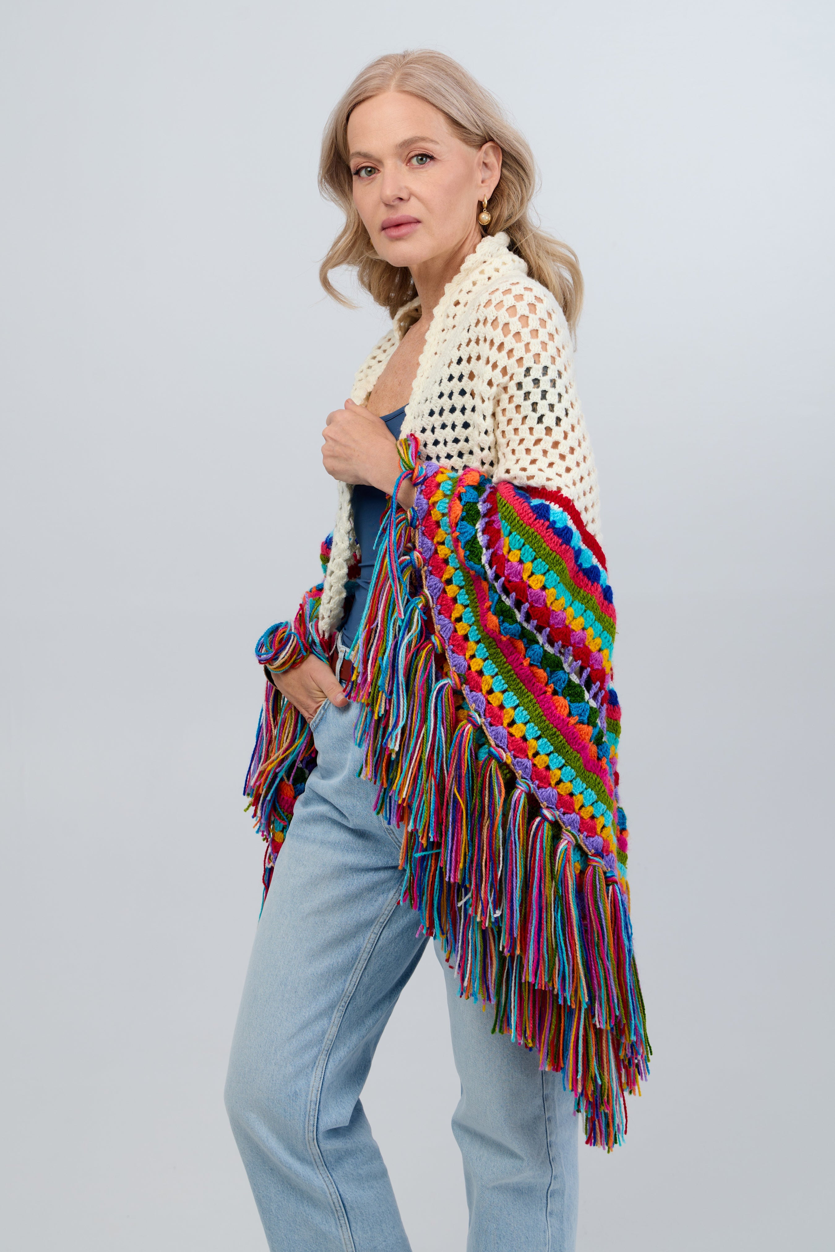 Rainbow Crochet Fringe Wrap Shawl - Colorful Boho Chic Handmade Knit Scarf for Women - Perfect for Music Festivals, Beach Cover-ups & Boho Fashion Accessories
