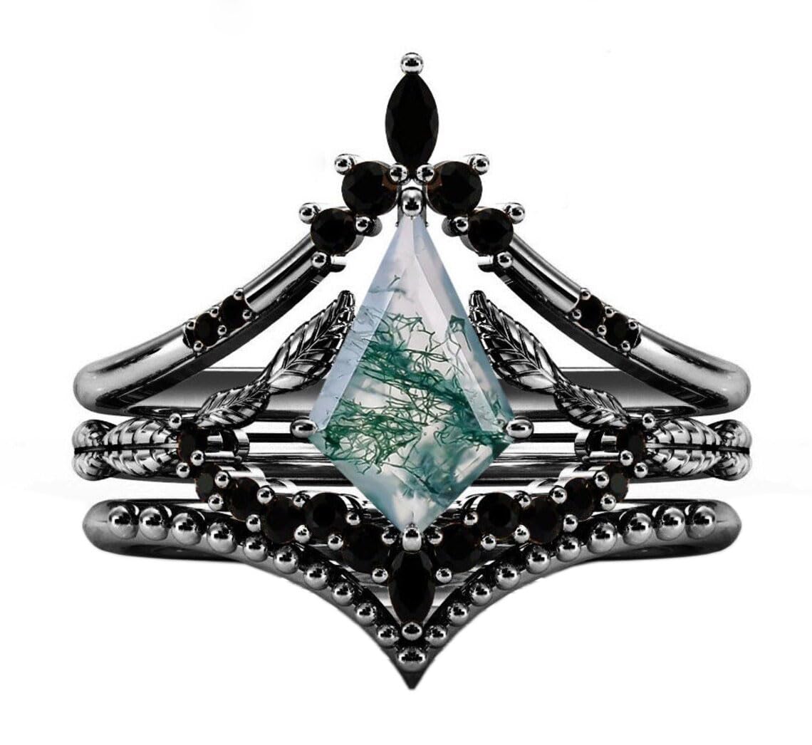 Art Deco Kite Shaped Moss Agate Engagement Ring Set - 3 Piece Gold Antique Leaf Design Wedding Band, Unique 925 Sterling Silver Anniversary Promise Ring for Women, Birthday Gift for Her | Perfect for Proposals, Weddings & Romantic Occasions