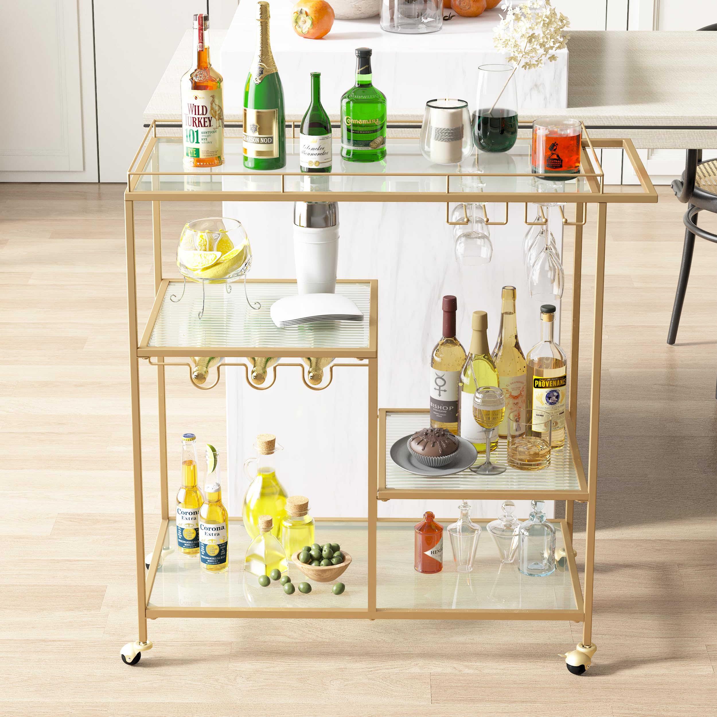 Gold Serving Bar Cart for Living Room - Home Island Mini Bar with Wine Glass Storage Shelf | Perfect for Entertaining, Cocktail Parties & Small Space Decor