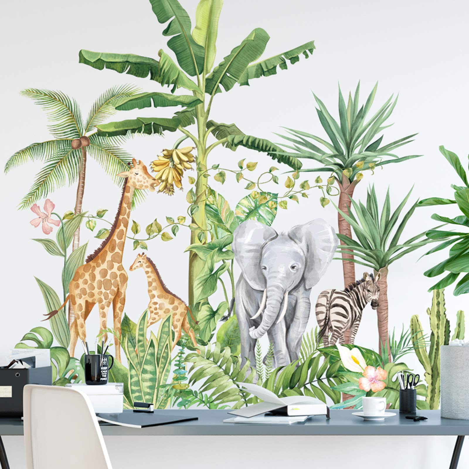 Cartoon Tropical Rainforest Animal Wall Stickers - Removable Jungle Elephant Giraffe Zebra Decals for Kids Bedroom, Nursery & Home Decor | Perfect for Children's Room Themes, Playroom Murals & DIY Wall Art Projects