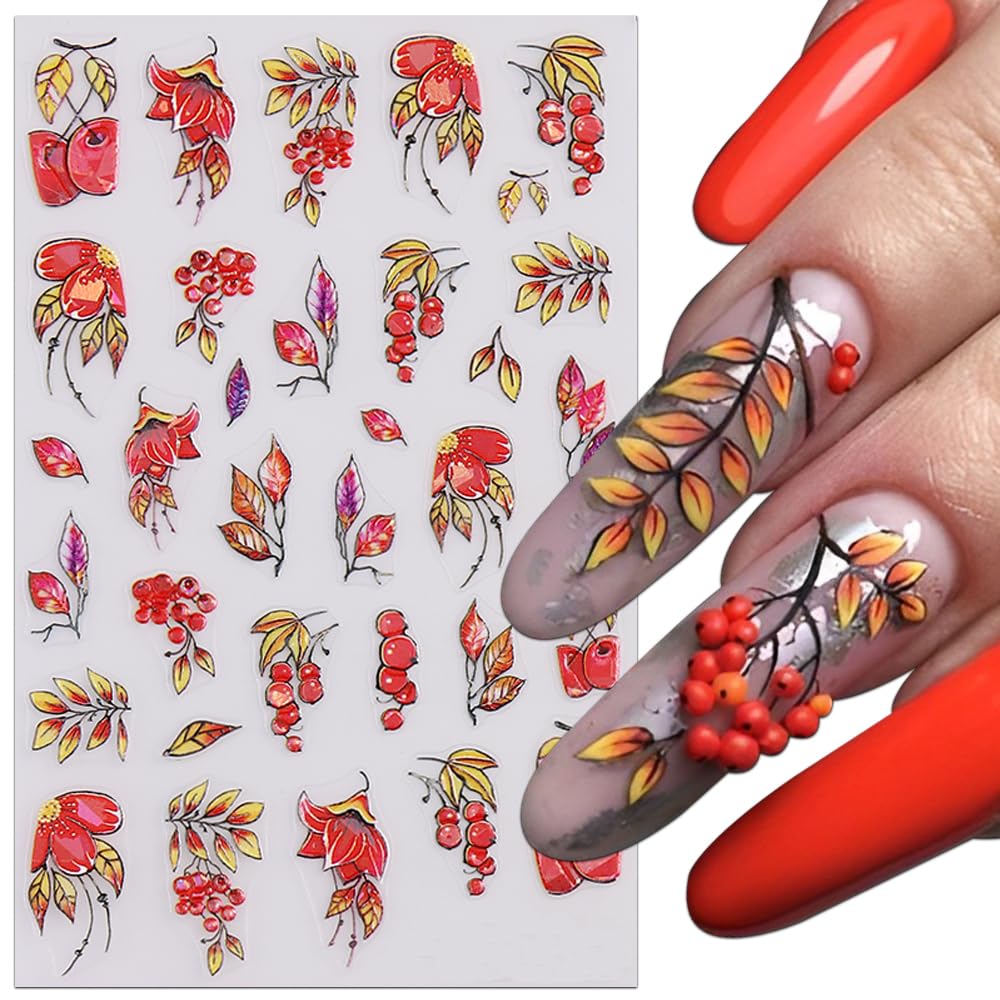 3D Embossed Fall Nail Stickers - Red Gold Maple Leaf Nail Art Decals for Women | Self-Adhesive Autumn Nail Designs | Thanksgiving Nail Accessories (4 Sheets) | Perfect for Halloween, Thanksgiving Parties & Autumn Nail Art