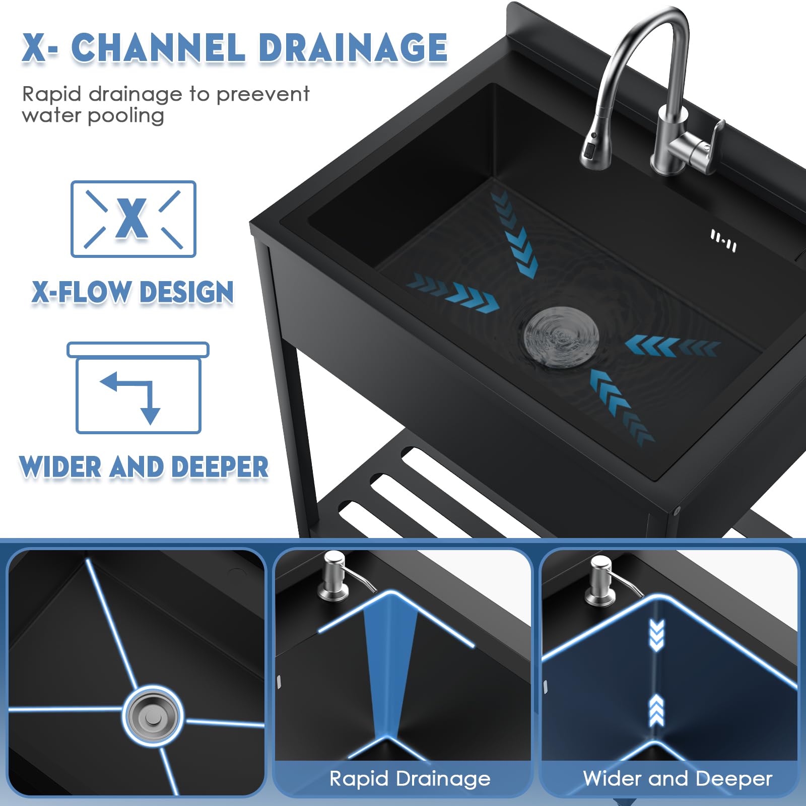 33 Inch Stainless Steel Utility Sink with Hot & Cold Water Faucet - Commercial Kitchen & Outdoor Sink with Drain Kit - Heavy Duty Laundry Sink for Bathroom, Garage, Workshop & RV Use (Black)