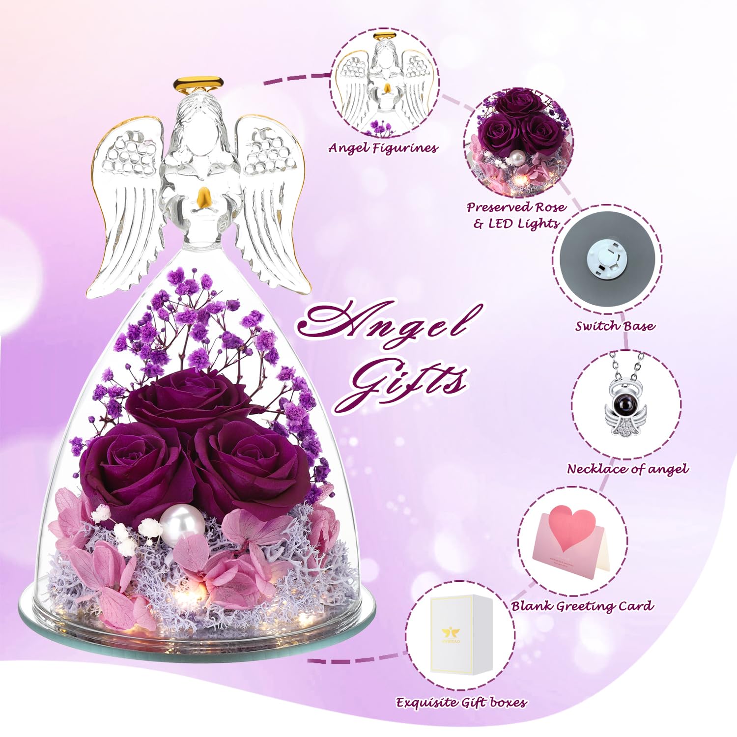Valentine's Day Gifts for Her - Elegant Glass Angel Figurine with Rose Flower | Perfect Birthday, Mother's Day & Grandma Gifts for Women | Romantic Home Decor & Special Occasion Present