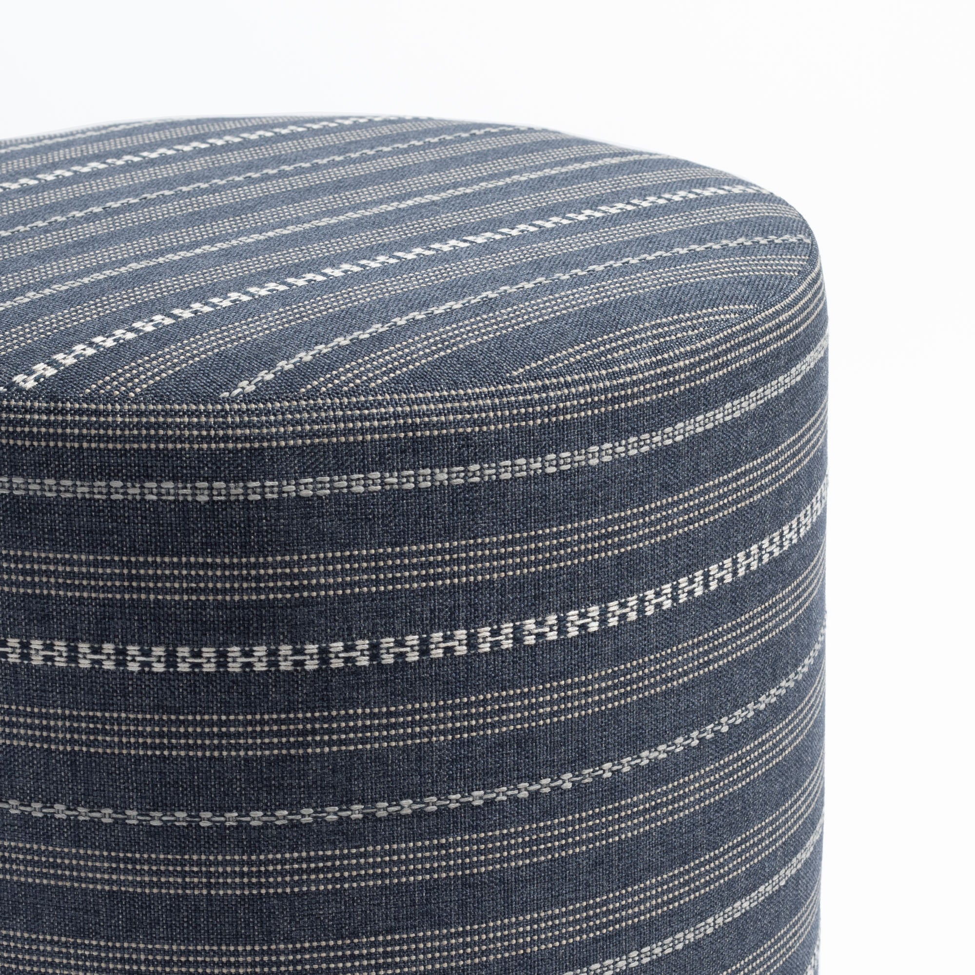 Anya Stripe 18x16 Round Ottoman Pouf in Denim Blue - Perfect for Living Room, Bedroom or Nursery Seating and Storage