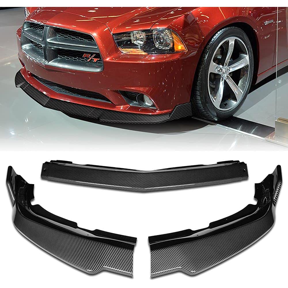 Carbon Fiber Print Front Bumper Lip Kit (3PCS) for 2011-2014 Dodge Charger - SRT-Style PU/557/PCF Body Kit - Perfect for Car Upgrades & Street Racing
