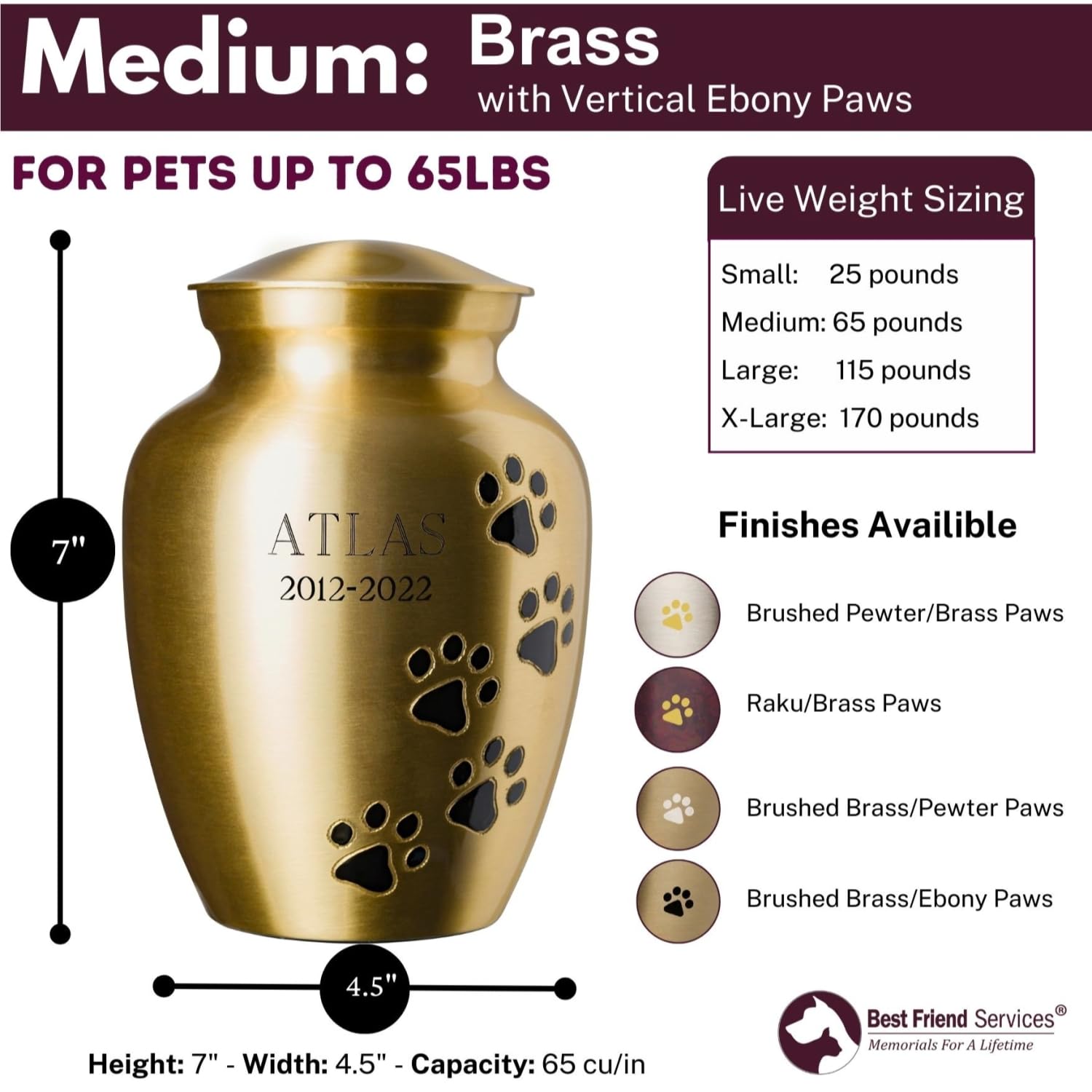 Ottillie Paws Elite Series Personalized Pet Urn for Dogs and Cats - Custom Engraved Brass Memorial Urn, Vertical Ebony Medium - Perfect for Home Memorials and Pet Keepsakes
