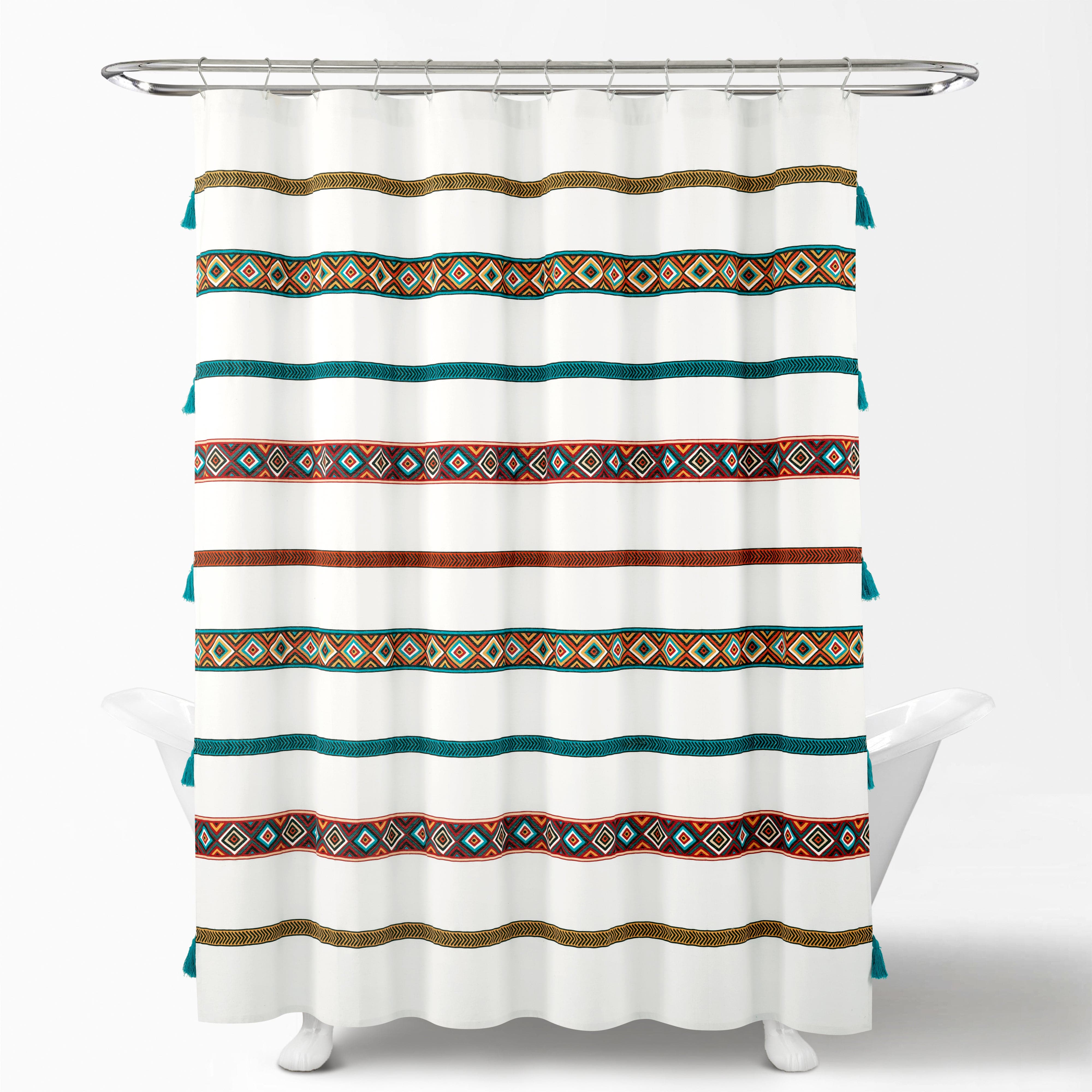 Boho Stripe Tassel Shower Curtain - Handmade Yarn Dyed Recycled Cotton Bathroom Decor for Boho, Farmhouse & Coastal Style Homes - Perfect for Bathrooms, Guest Rooms & Beach Houses
