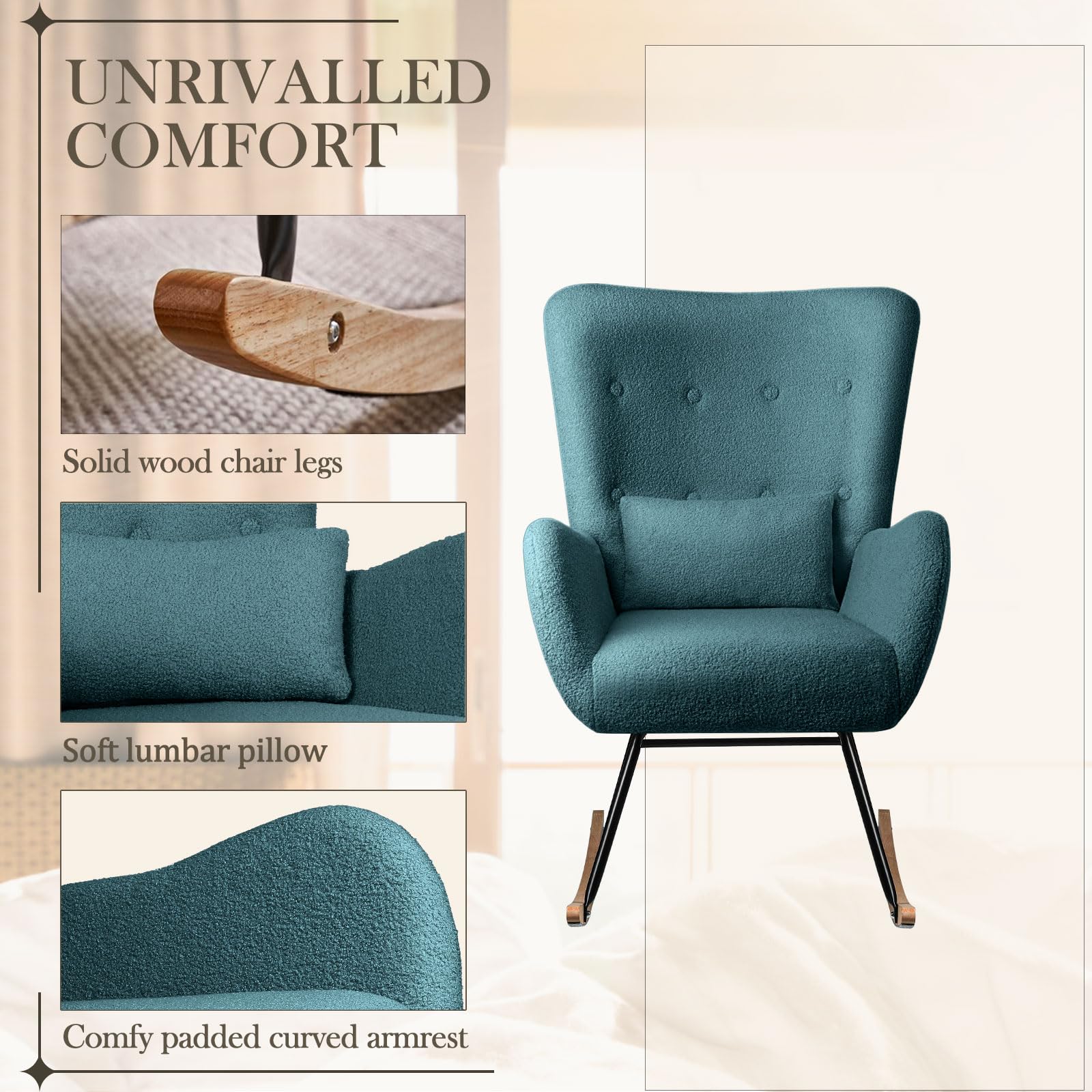 Waleaf Upholstered Rocking Chair with High Backrest & Headrest - Soft Padded Nursery Rocker, Comfy Nursing Chair for Bedroom, Living Room & Nursery - Perfect for Breastfeeding, Relaxing & Reading