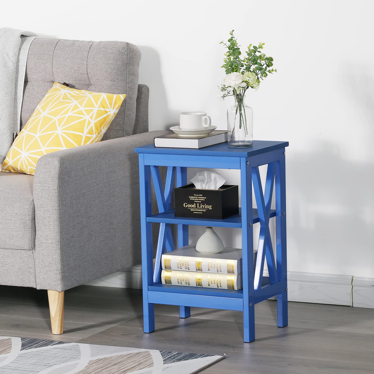 VECELO End Side Table with Storage Shelf - Nightstand for Bedroom & Living Room - Modern Furniture with Shelves - 1 Pack, Dark Blue - Perfect for Small Spaces, Apartment Decor & Storage Solutions