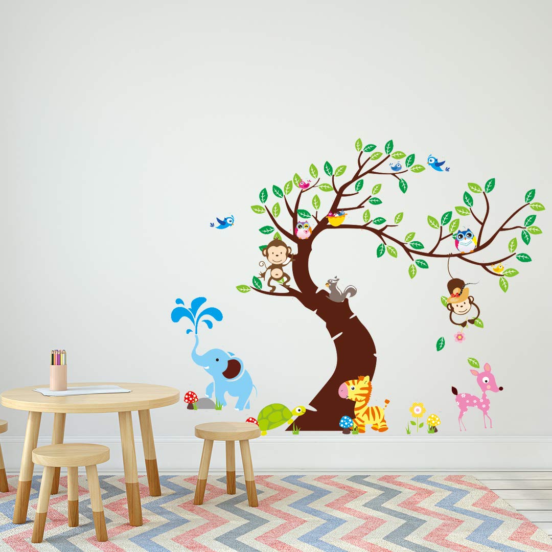 Giant Sticker Set - Tree, Monkey & Elephant Wall Decals for Kids Room, Nursery, Classroom Decor | Waterproof & Removable