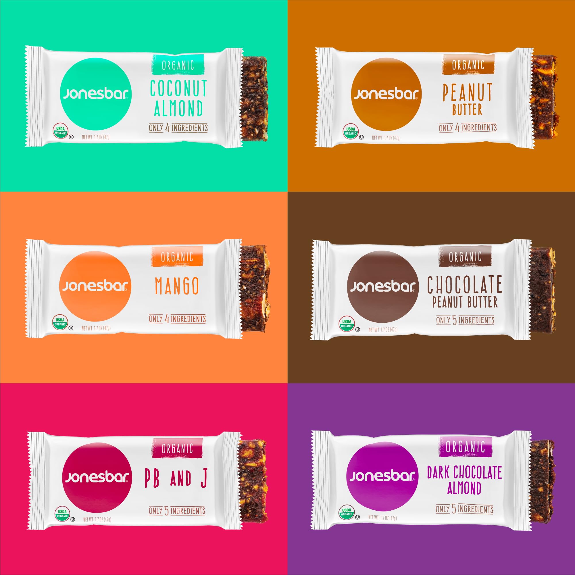 Organic JONESBAR Variety Pack - 12 Count (Pack of 1) | USDA Certified, Non-GMO, Kosher, Vegan & Gluten Free Fruit & Nut Energy Bars | Perfect for Hiking, Office Snacks & Healthy On-the-Go Nutrition