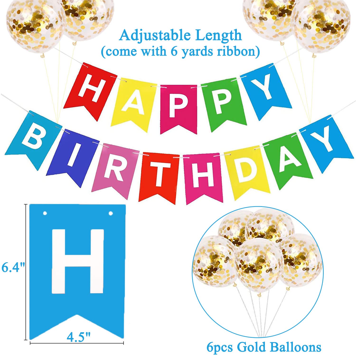 Vibrant Happy Birthday Banner & 6pcs Gold Glitter Confetti Balloons - Premium Birthday Party Decorations for Indoor/Outdoor Celebrations, Baby Showers & Anniversary Parties