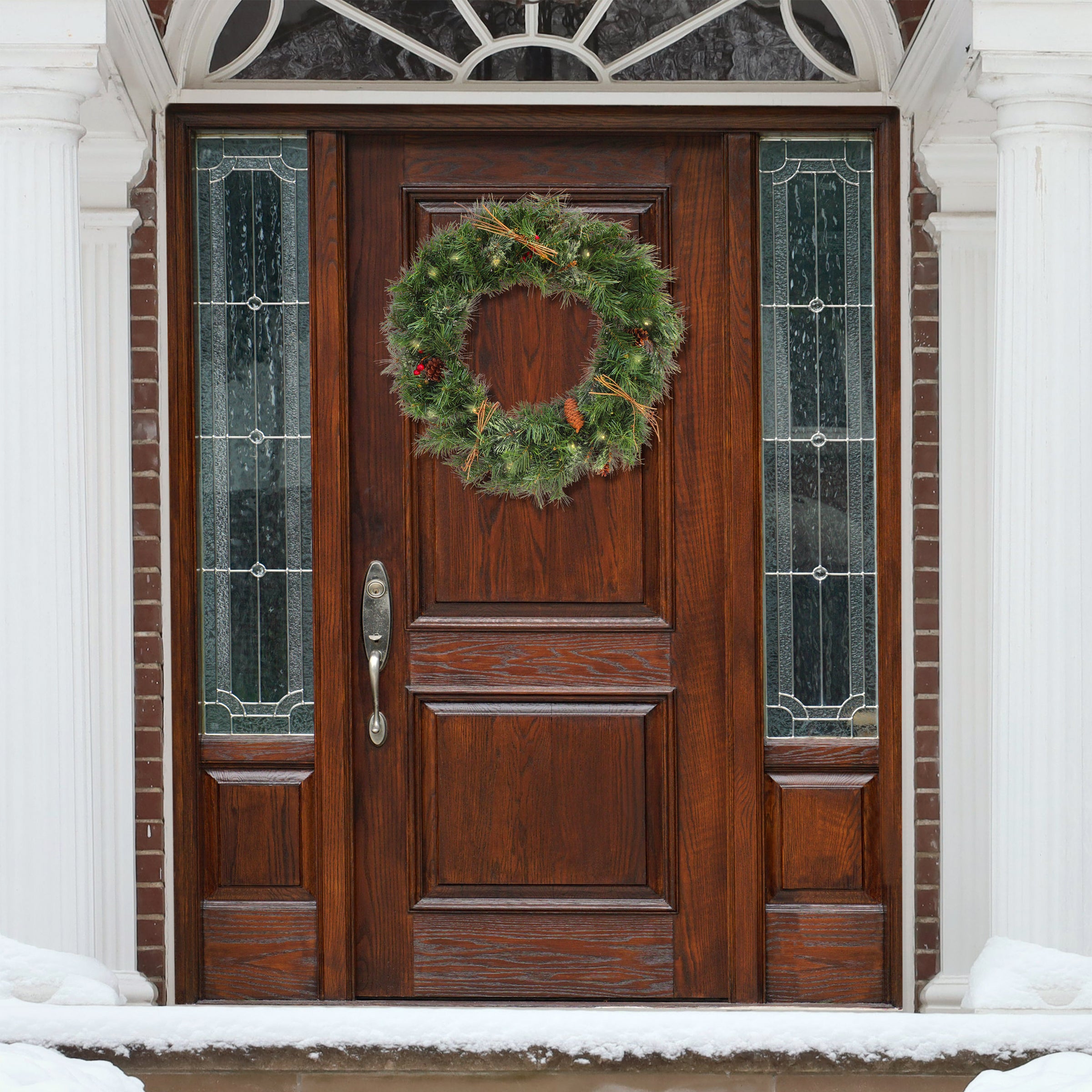24 Inch Pre-Lit Glistening Pine Christmas Wreath with Warm White LED Lights - Perfect for Holiday Door Decor, Fireplace Mantel & Festive Home Decorations