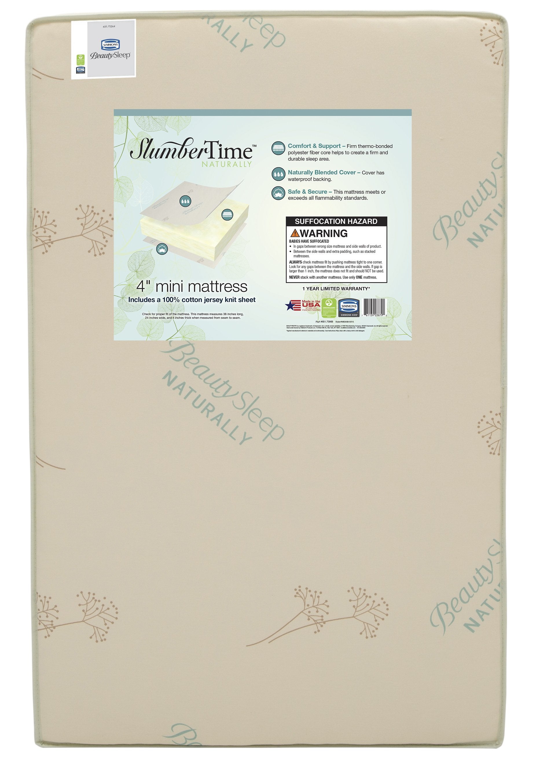 SlumberTime Naturally 4 Inch Mini Crib Mattress - 100% Organic Cotton Fitted Sheet for Newborn & Toddler - Perfect for Nursery, Daycare & Travel Cribs