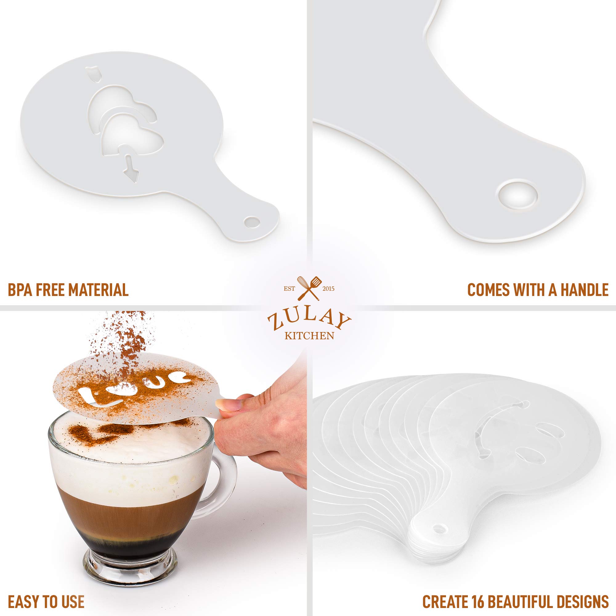 Zulay Kitchen 16-Piece Coffee Stencils Set for Latte Art - Professional Barista Tools for Latte, Cappuccino & Hot Chocolate - Reusable Plastic Decorative Stencils - Perfect for Home & Cafe Coffee Making - Great for Holidays, Parties & Gifts