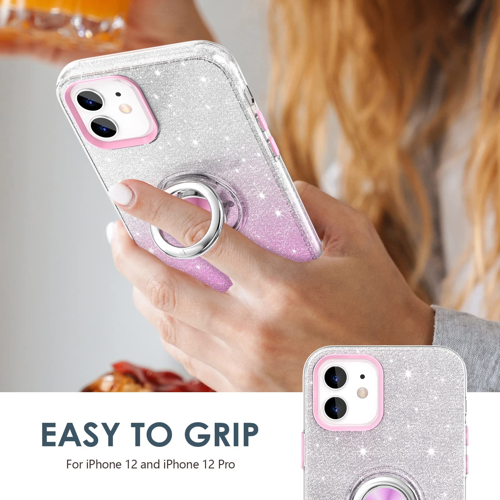 Hython iPhone 12 Case with Magnetic Ring Stand - Pink Sparkle for Protection & Hands-Free Use