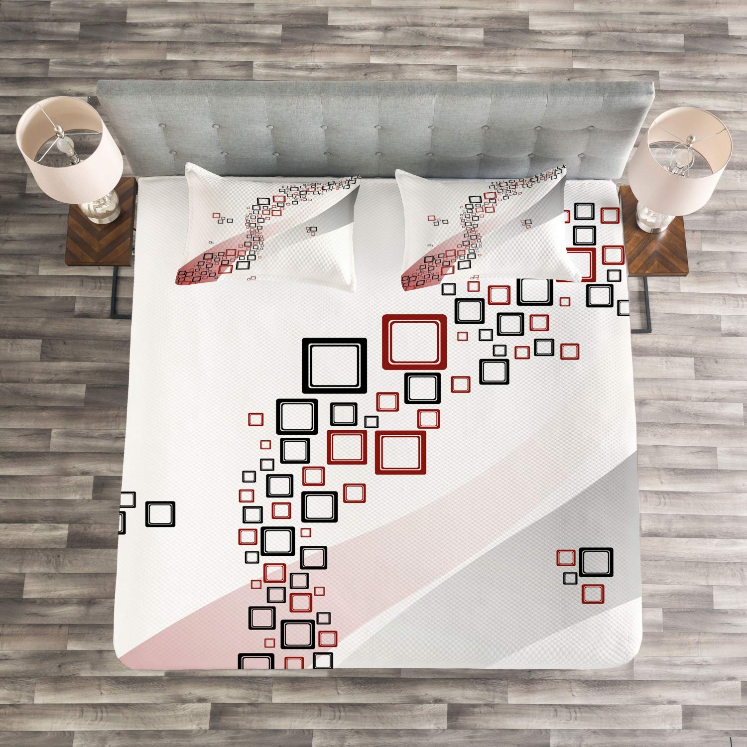 Ambesonne Abstract Queen Bedspread Set - 3 Piece Geometric Fractal Design with Grey & Red Wavy Backdrop, Includes Coverlet & 2 Pillow Shams | Modern Home Decor for Bedroom, Guest Room & Dorm