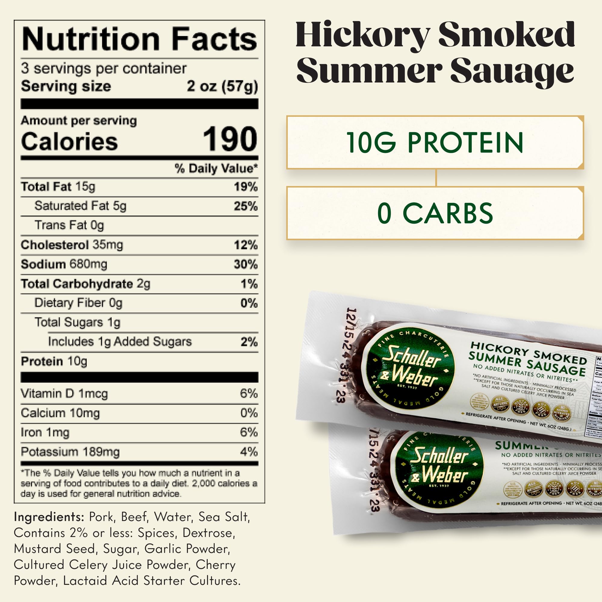 Schaller & Weber Hickory Smoked Summer Sausage - Gluten Free, Ready to Eat, 100% Natural Meat Snack - 6 Ounce (Pack of 2) - Perfect for Camping, Hiking & On-the-Go Snacking