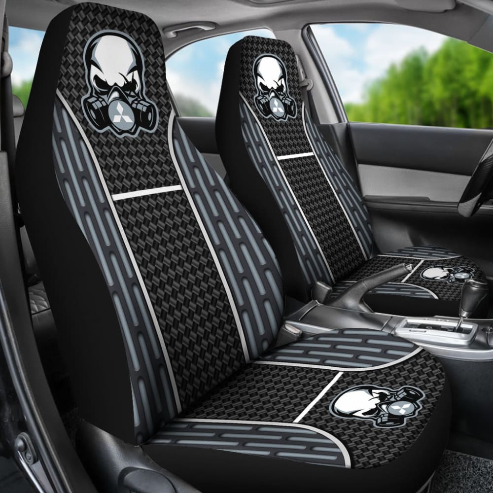 Black & Grey Skull Print Mitsubishi Car Seat Covers - Durable & Stylish for Mitsubishi Vehicles - Perfect for Car Enthusiasts & Halloween Decor
