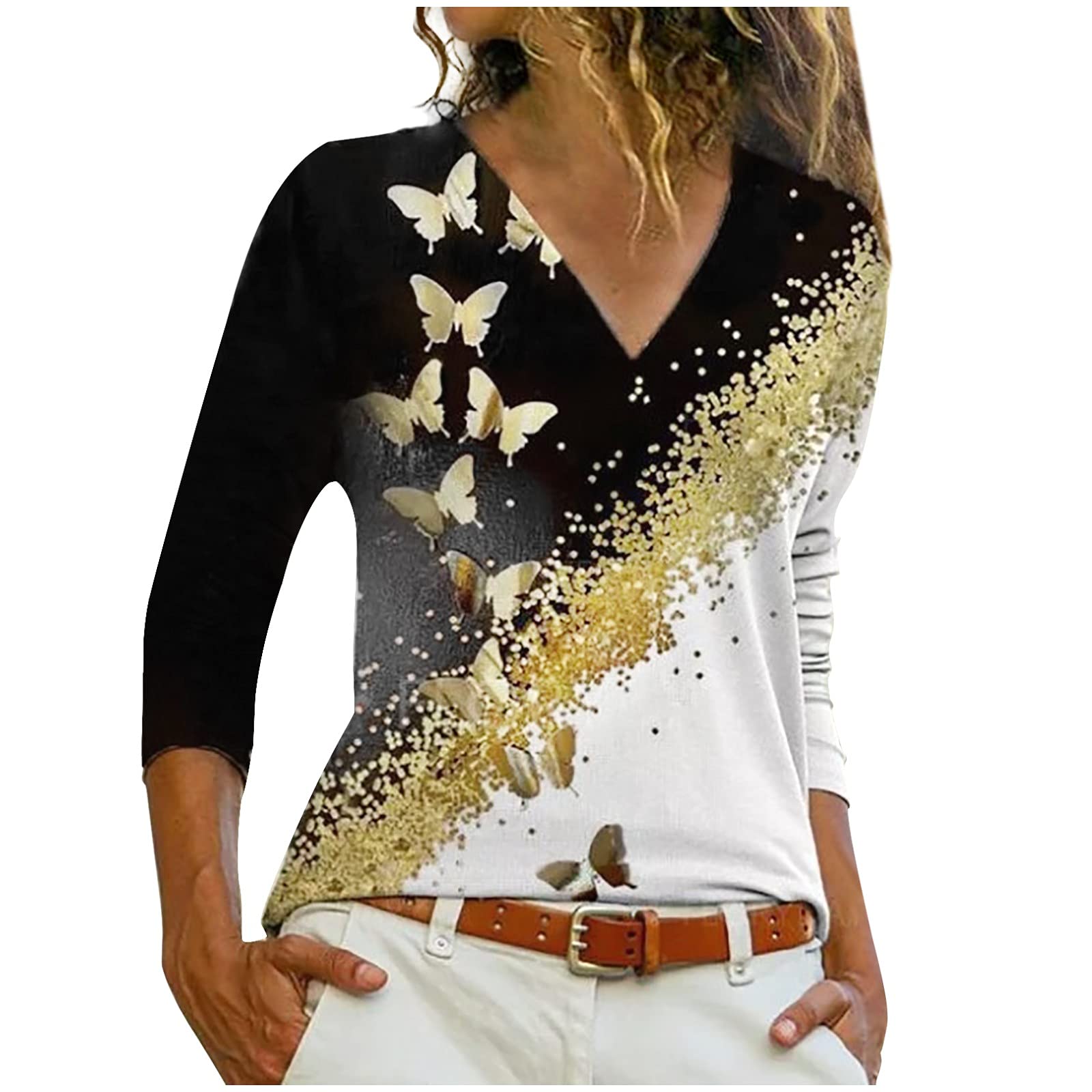 Fashionable Women's Long Sleeve V-Neck Printed T-Shirt - Stylish Casual Top for Leggings | Perfect for Yoga, Workout & Everyday Wear