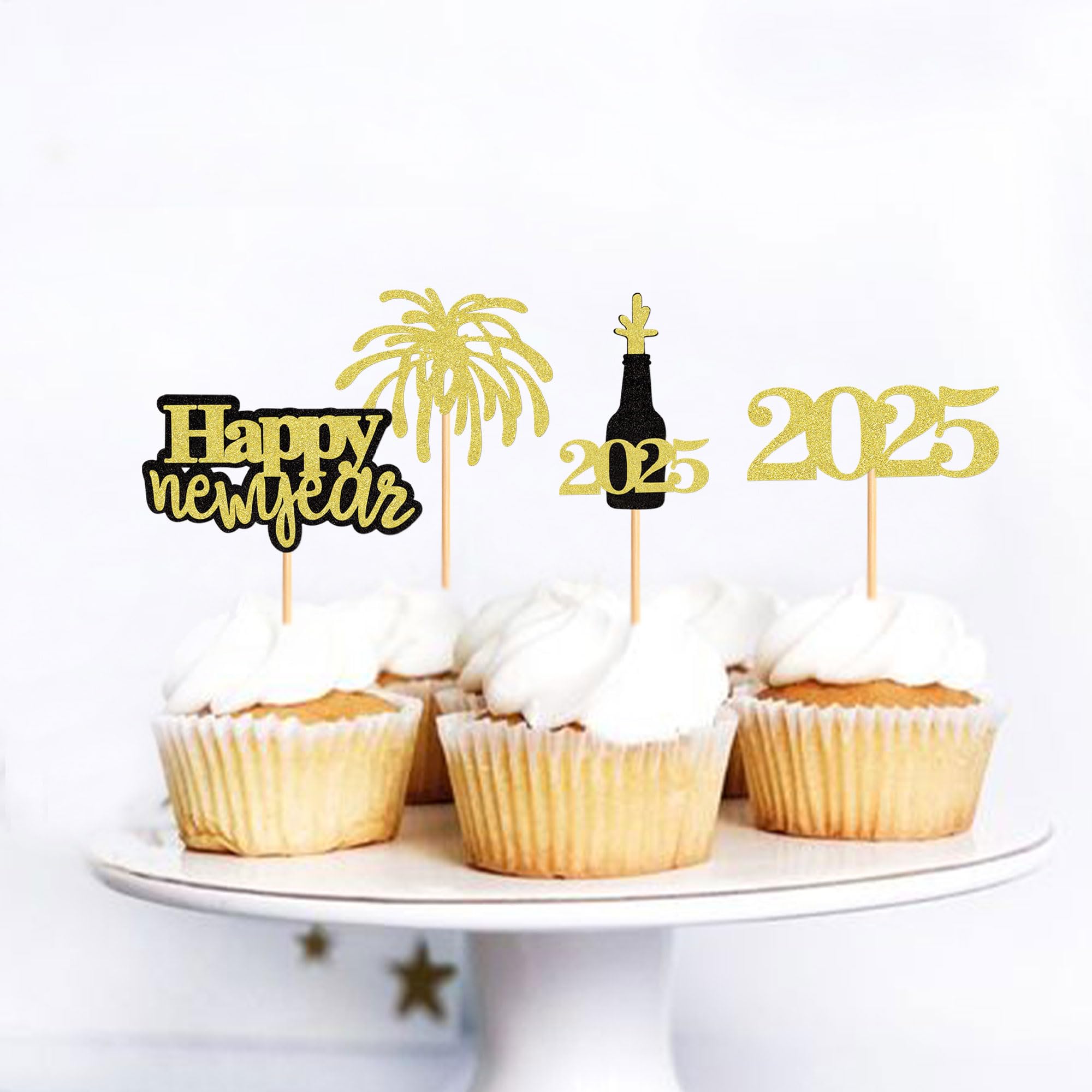 24 Pcs Gold Black Glitter Happy New Year 2025 Cupcake Toppers - Cheers to 2025 Cake Picks for New Year's Eve Party Decorations - Perfect for NYE Celebrations, Birthday Parties & Holiday Desserts