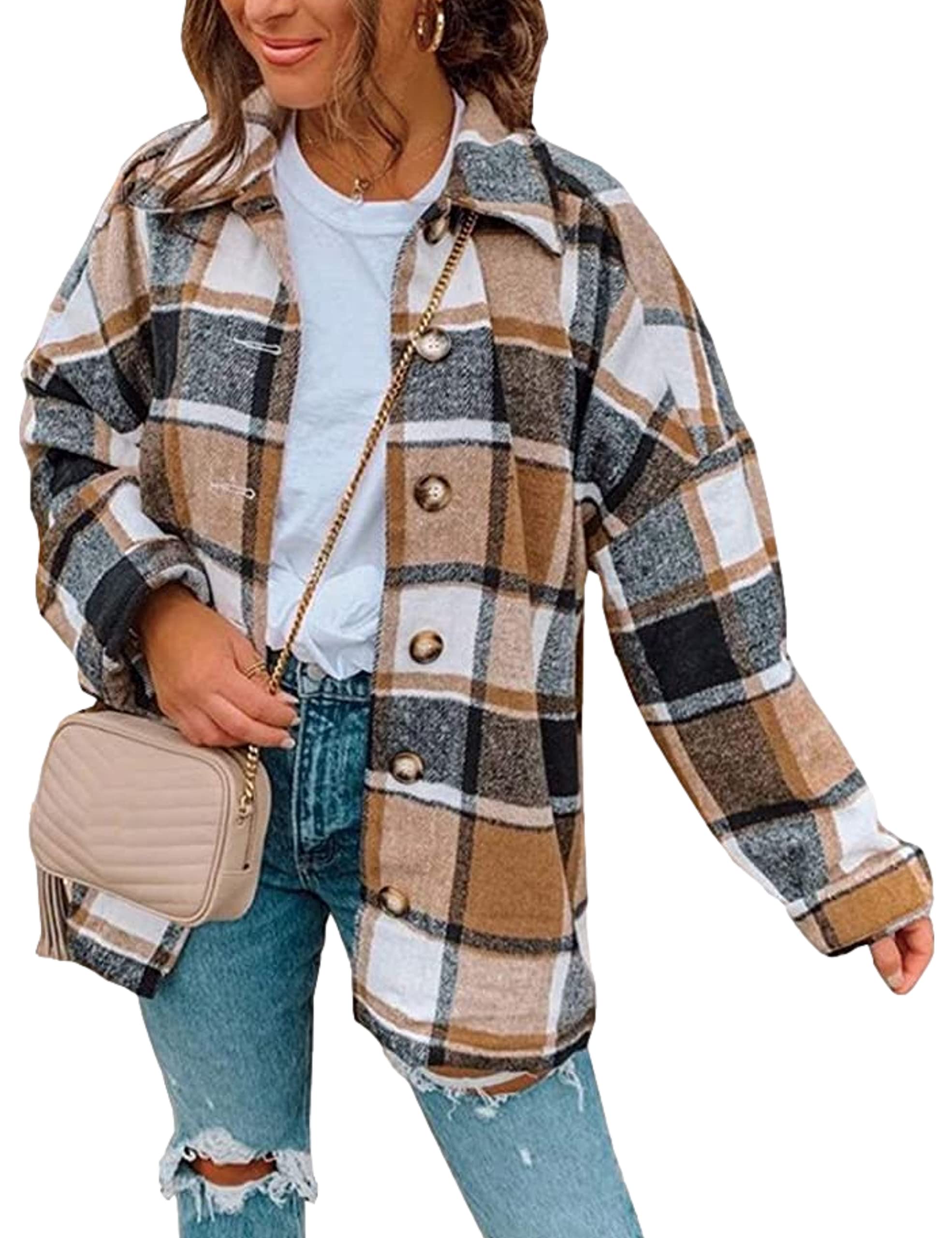 Zontroldy Women's Casual Long Plaid Shacket Jacket - Button Down Long Sleeve Shirt Coat for Fall & Winter | Office Wear, Layering, Outdoor Activities