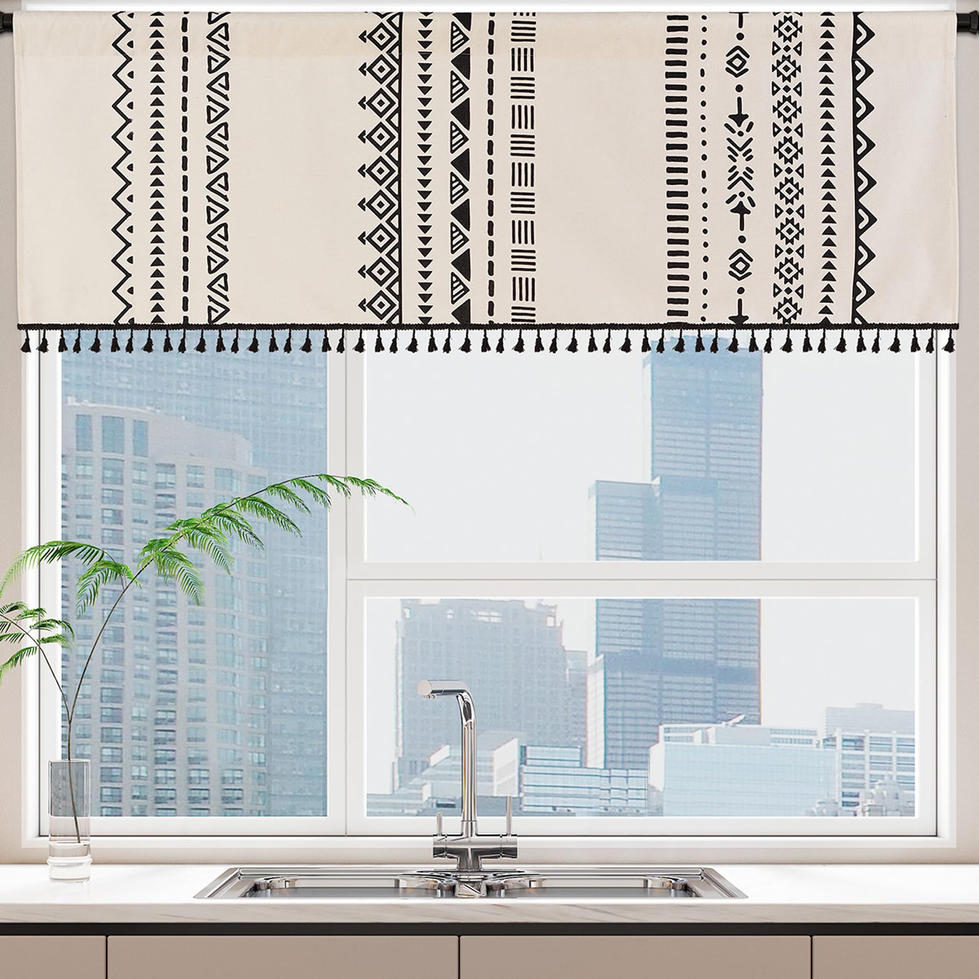 Boho Window Valance Curtain with Black Tassels - Light Filtering Tier for Bathroom & Kitchen - 59