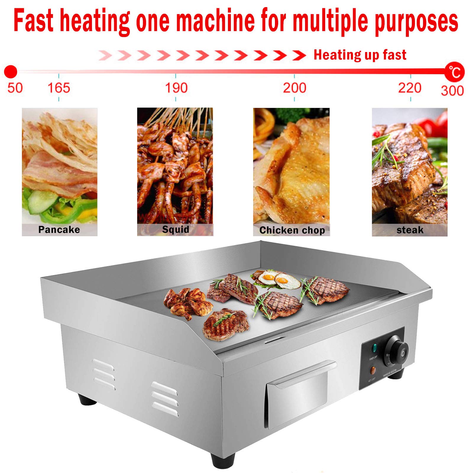 Allyaduo 110V 3000W 22-Inch Commercial Electric Griddle Flat Top Grill with Adjustable Thermostat - Stainless Steel Countertop Grill for Restaurant, Kitchen, BBQ & Pancake Breakfast - Perfect for Diners, Food Trucks & Outdoor Cooking