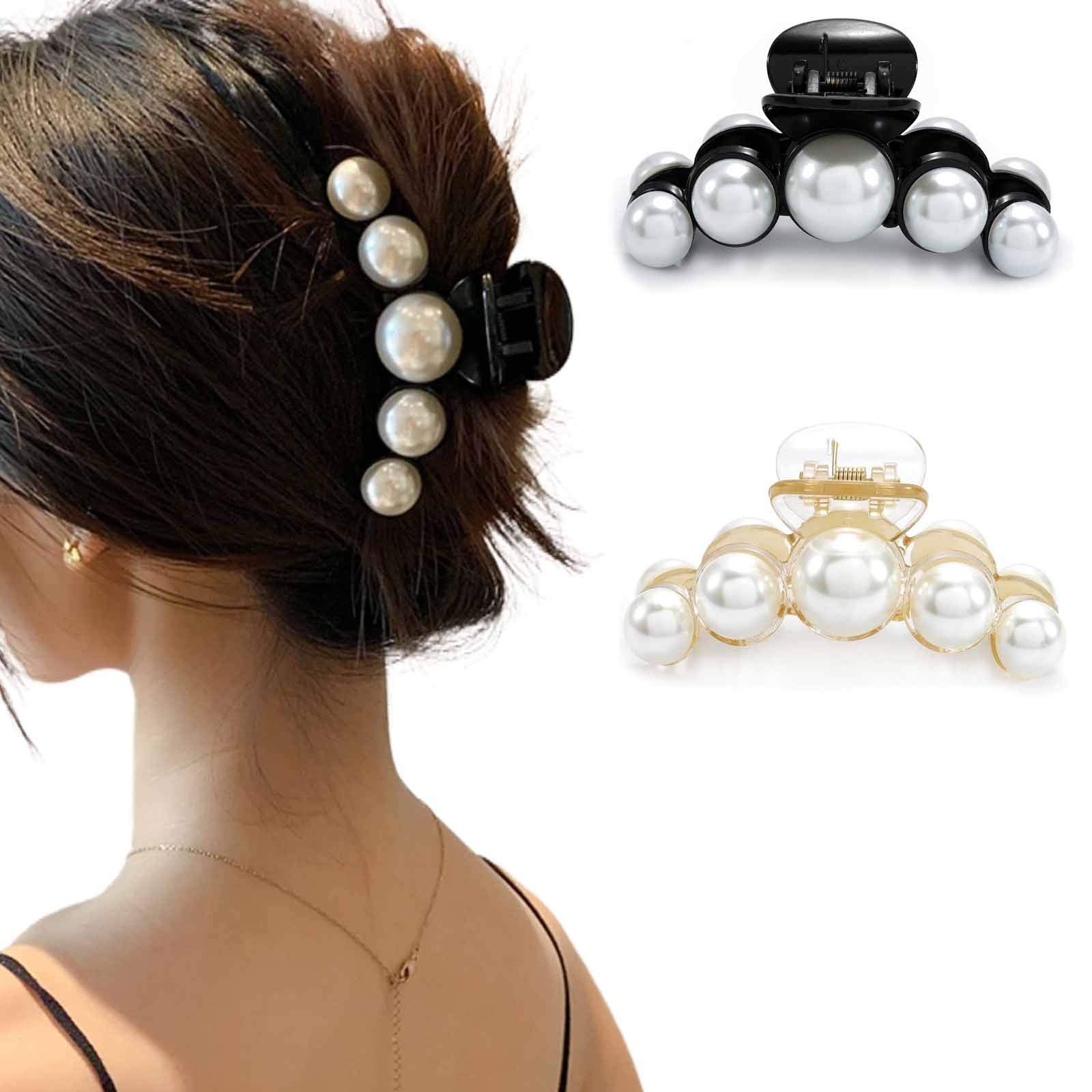 Runmi Pearl Hair Claw Clips for Women - 2PCS French Design Large Hair Clips with Pearl Accents, Black Hair Accessories for Women & Girls | Perfect for Updos, Ponytails & Everyday Hairstyles