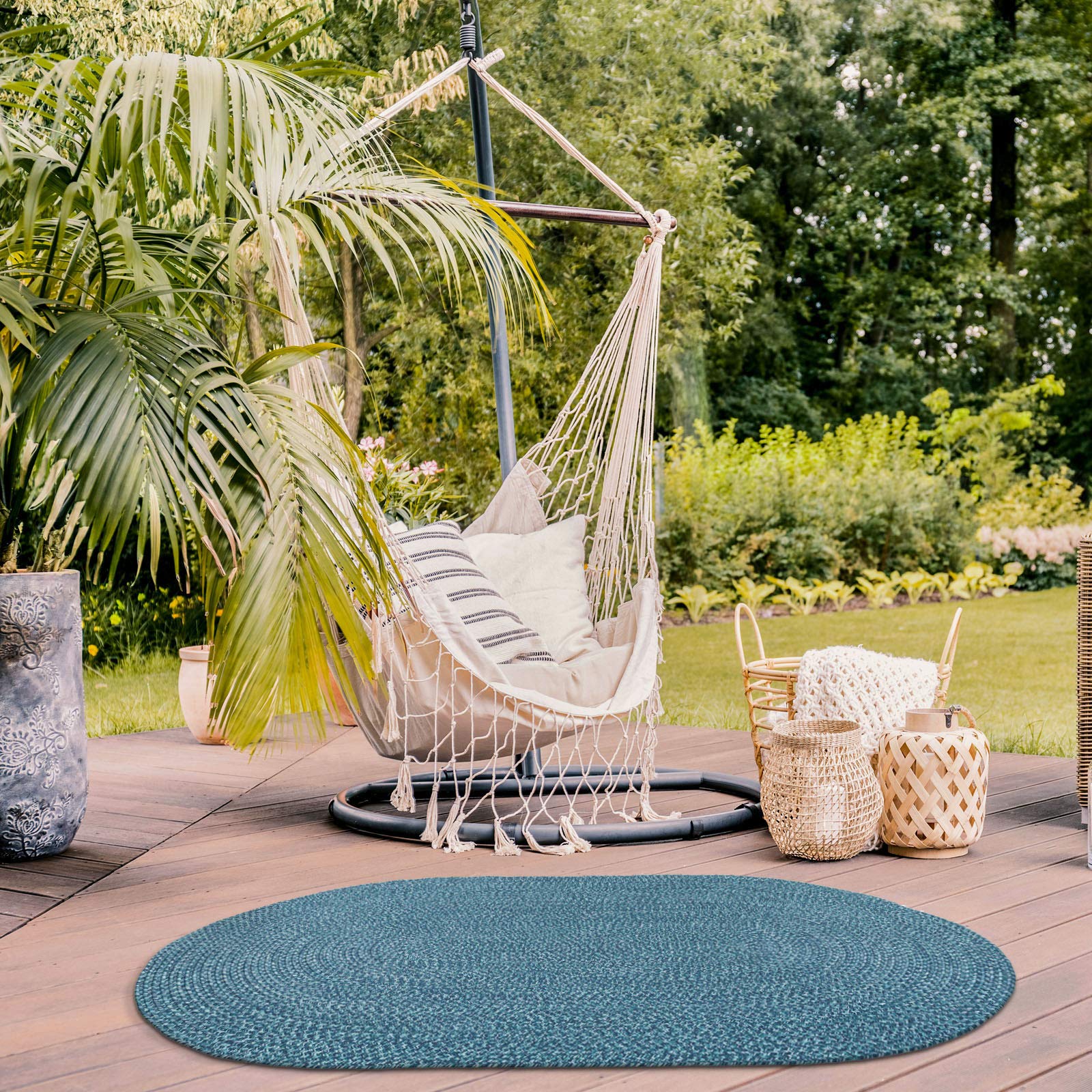 DECOMALL Azure Braided Indoor Outdoor Area Rugs - 8' x 10' Oval Non-Slip Rug for Patio, Living Room, Bedroom - Waterproof & Durable Blue Decorative Rug for Home & Garden
