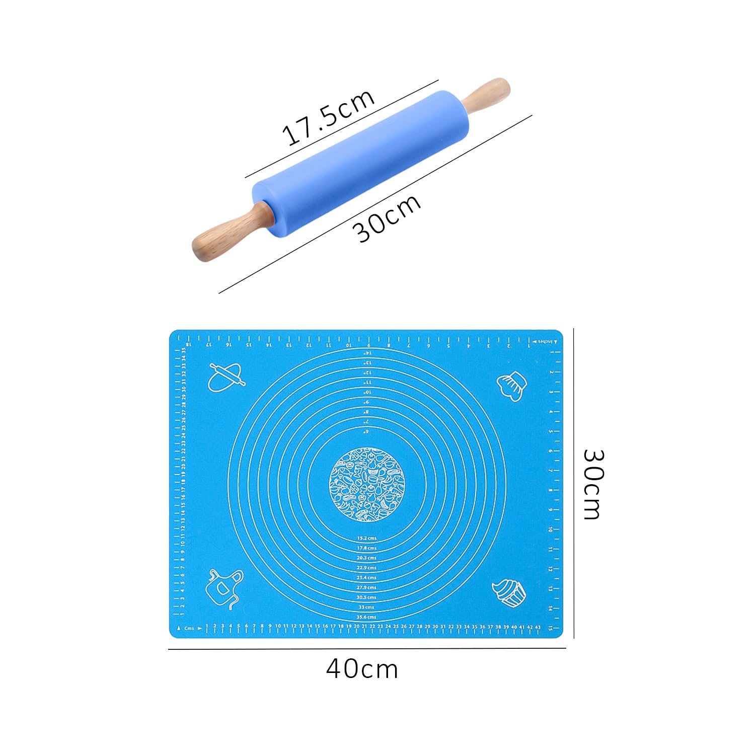1 Non-Stick Rolling Pin for Baking, 1 Silicone Mat, Wooden Rolling Pin, Silicone Rolling Pin, Dough Roller - Perfect for Cookies, Pastry, and Pie Crusts (Blue)