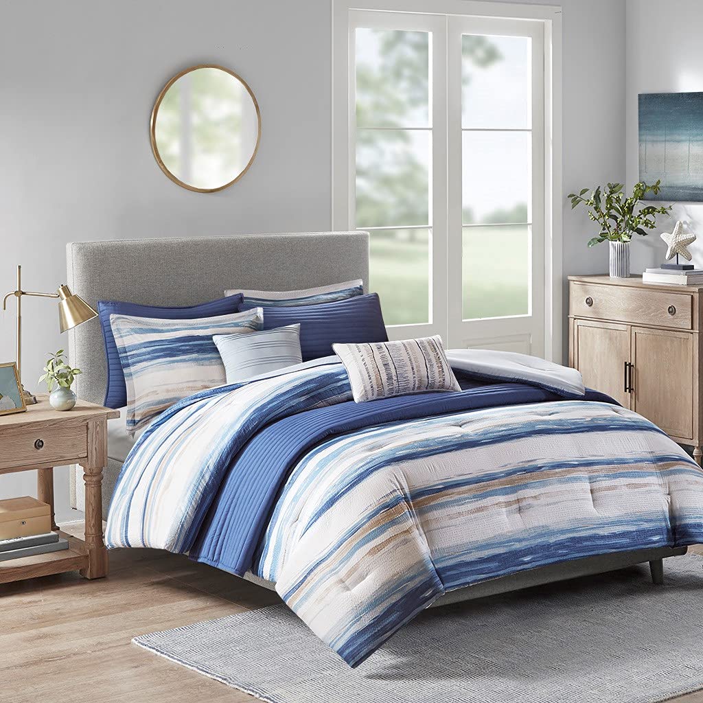 Blue Watercolor Cottage Beach House Coastal Nautical Full Queen Comforter Set (8-Piece) - Perfect for Coastal Bedrooms, Guest Rooms & Vacation Homes