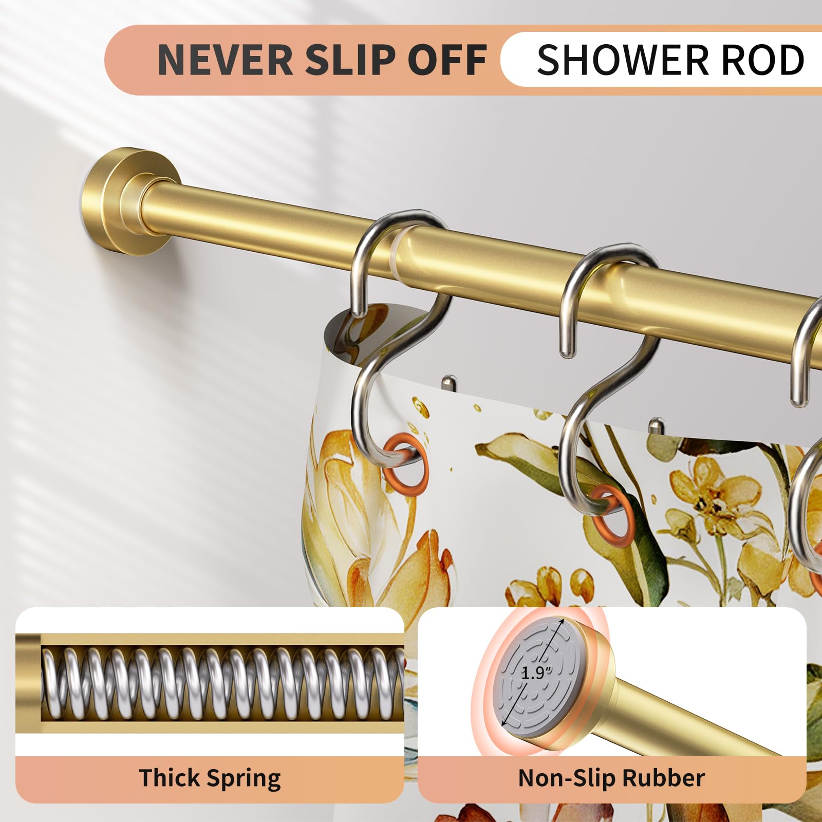 **34-82 Inches Adjustable Gold Shower Curtain Rod - Rustproof Spring Tension No Drill Bathroom Window Rod for Shower, Bathtub & Decorative Garland Hanging**    *(Perfect for bathrooms, showers, bathtubs, or as a decorative rod for garlands and window curtains.)*