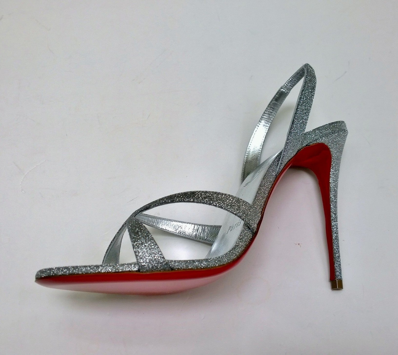 Christian Louboutin Emilie 100 Silver Glitter Sandals - Women's Slingback High Heels for Parties & Special Occasions
