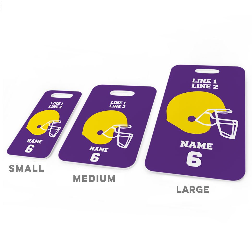 Personalized Football Team Helmet Luggage Tag - Large Purple & Yellow Baggage ID Tag with Standard Lines for Travel, Sports Events & Fan Gifts