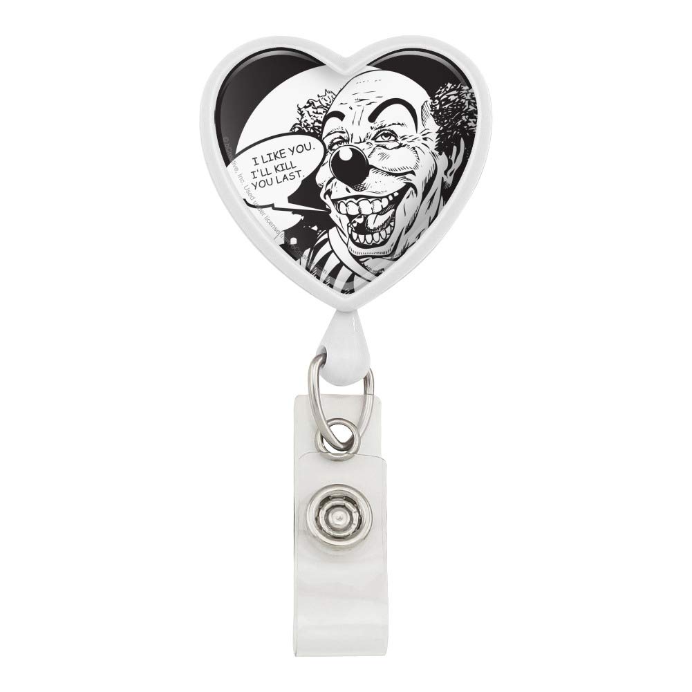 Funny Scary Clown 'I Like You Kill You Last' Humor Heart Lanyard - Retractable Reel Badge ID Card Holder for Work, Conventions & Halloween Costume Accessories