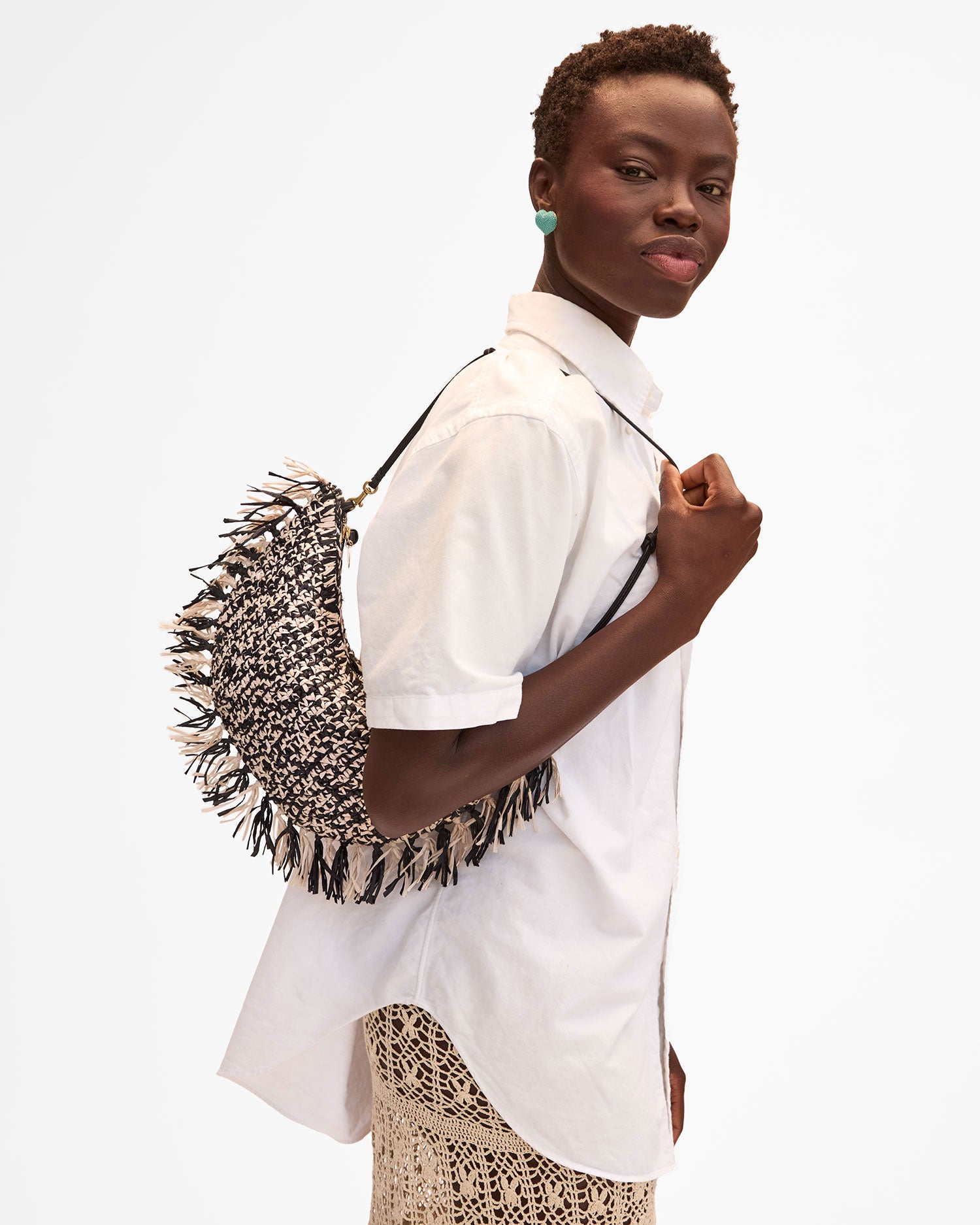 Lune Black Cream Raffia Straw Handbag with Fringe - Stylish Summer Beach Bag for Women, Perfect for Vacations and Outdoor Events