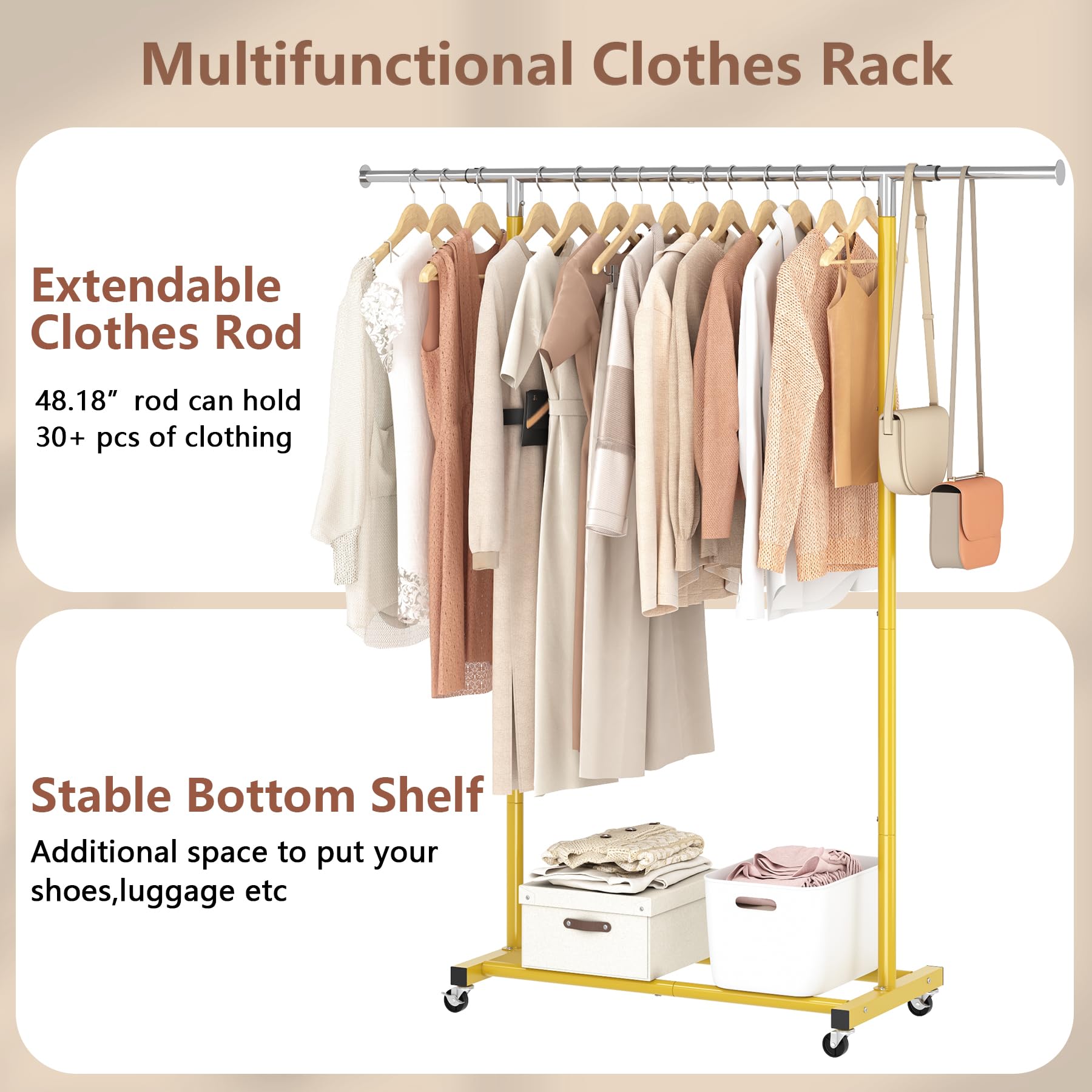 JIUYOTREE Adjustable Rolling Clothes Rack with Shelf - Mobile Garment Organizer with Wheels for Hanging Clothes, Shirts, Pants, Skirts & Bags (Gold) - Perfect for Bedroom, Closet Organization, Laundry Room & Retail Stores