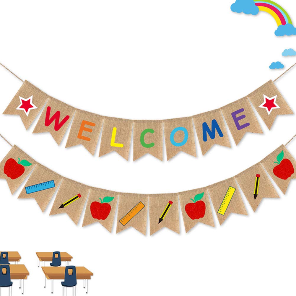 First Day of School Burlap Banner - Welcome Back Bunting for Classroom Decor, Party Pull Flag, Photo Props - Perfect for Back to School Decorations & Celebrations