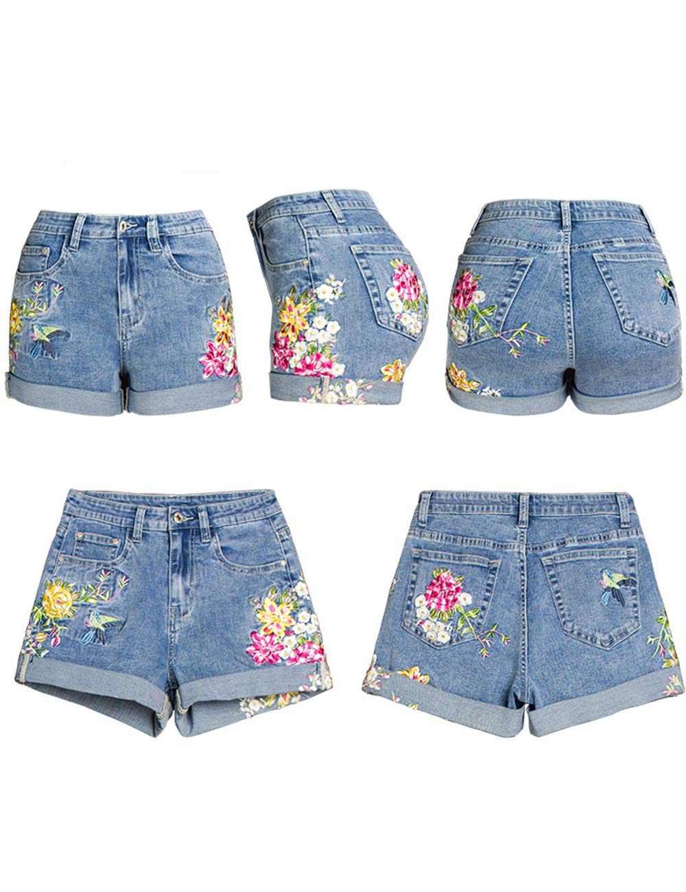 Women's Floral Embroidered Midrise Cuffed Jean Shorts - Summer Denim Shorts for Women | Casual Outfit, Beach Vacation & Summer Fashion