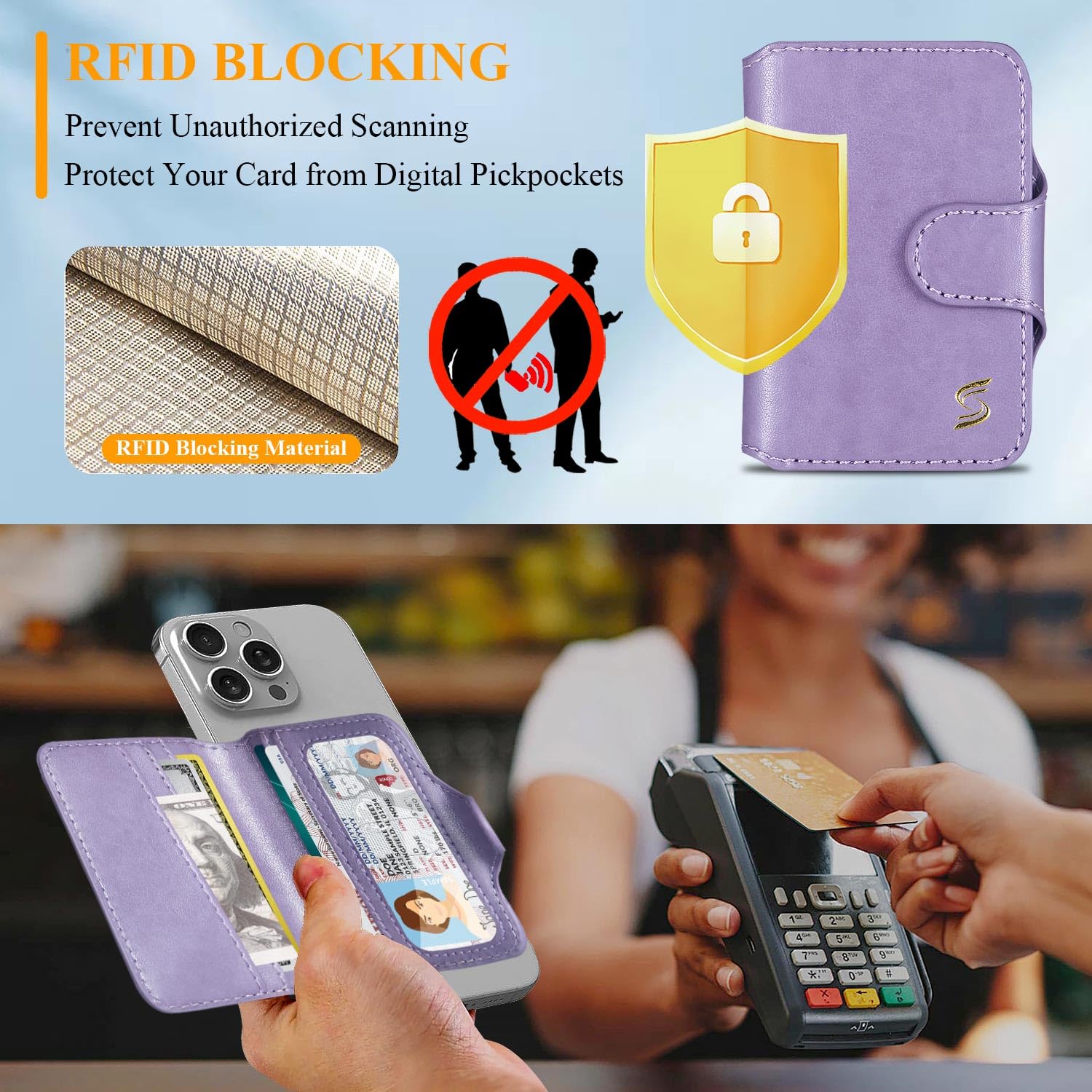 Magnetic Phone Wallet Card Holder - Slim Luxury Leather MagSafe Wallet with 5 Slots (Fits 7 Cards), RFID Blocking & ID Window - Compatible with MagSafe Phones & Cases - Perfect for iPhone Users, Daily Commute & Travel - Pastel Purple for Women & Men