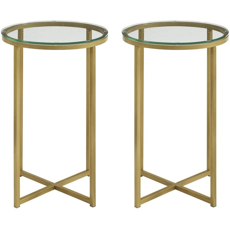 Pemberly Row Modern Glam Metal X-Leg End Table Set of 2 - Glass Top Gold Finish Accent Tables for Living Room, Bedroom & Office Decor